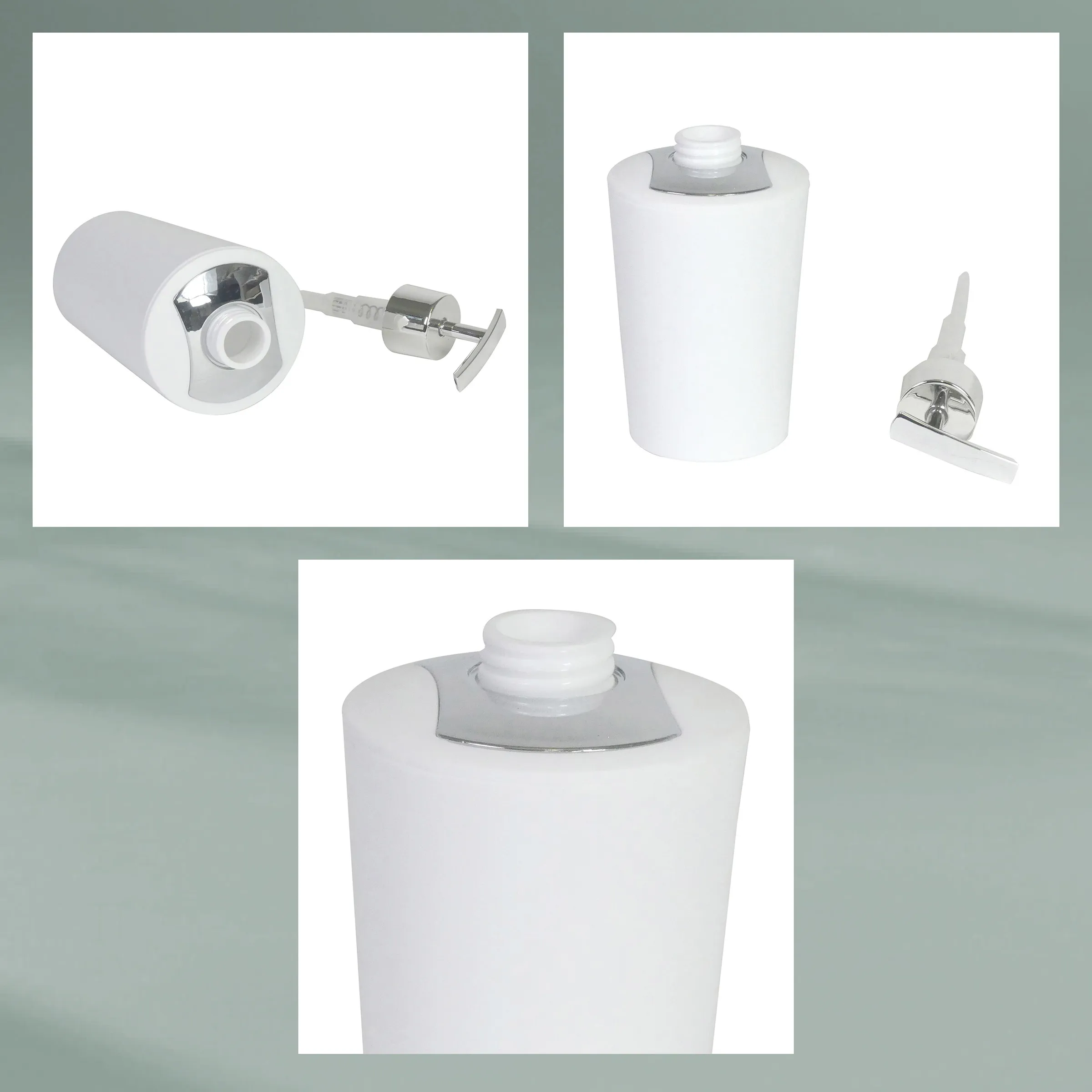 Seifenspender mit Pumpaufsatz und Schaumaufsatz Weiße Seifenspender mit Pumpaufsatz und Schaumaufsatz in verschiedenen Ansichten auf weißem Hintergrund.