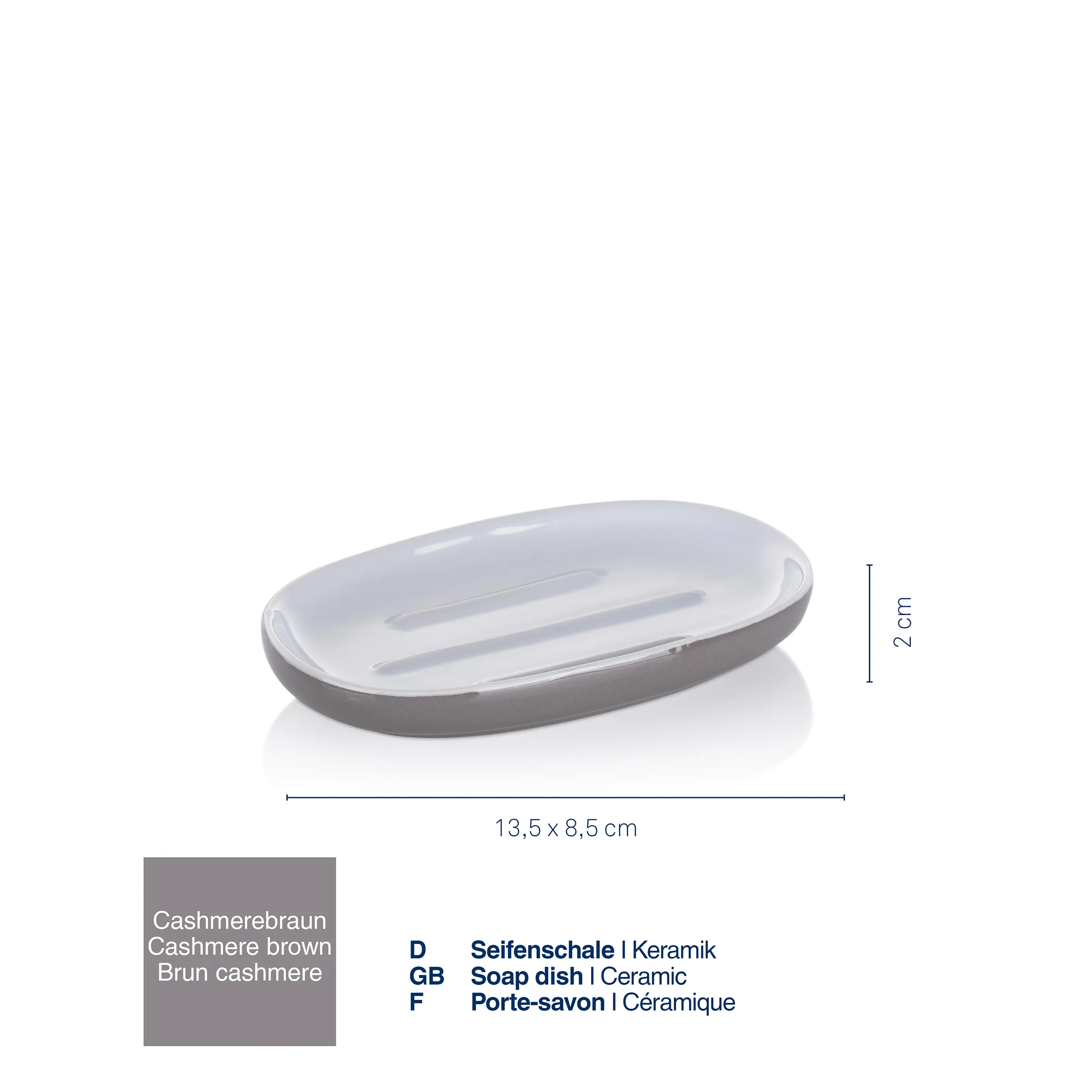Seifenschale Keramik graubraun - Badaccessoires Graubraune Keramik-Seifenschale mit ovaler Form und Ablagenuten, Maße 13,5 x 8,5 cm