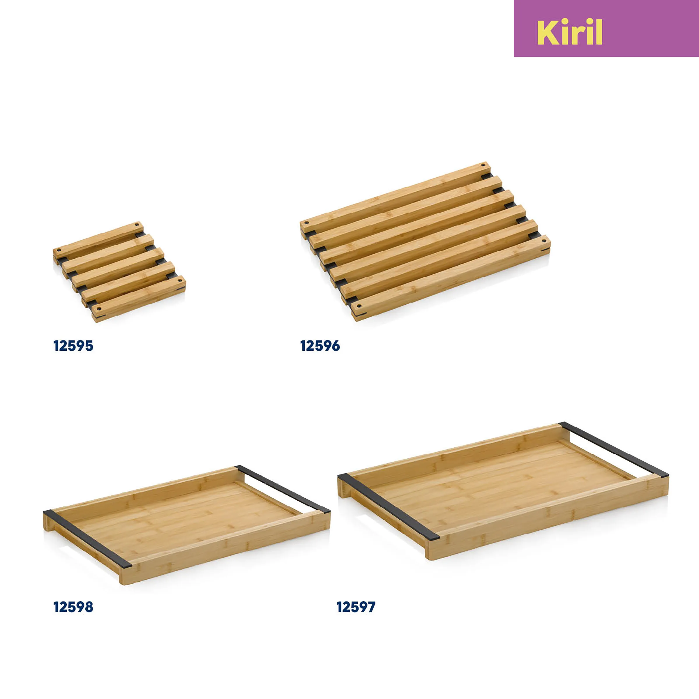 Bambus Serviertabletts und Untersetzer Kirill - Holz Küchenzubehör Set Vier Bambus-Tabletts und Untersetzer von Kirill in verschiedenen Größen mit Lamellen- und Griffdesign