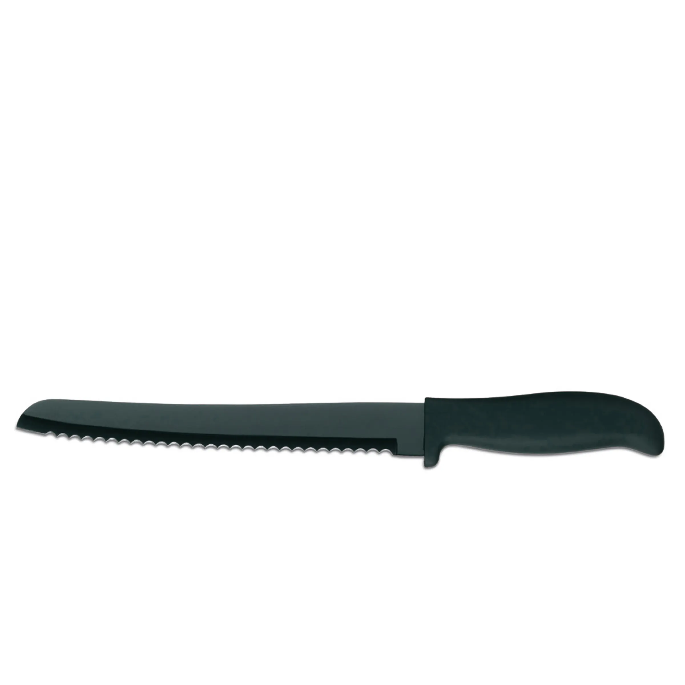 Brotmesser mit Wellenschliff – Schwarze Klinge und ergonomischer Griff Schwarzes Brotmesser mit Wellenschliff und ergonomischem Kunststoffgriff auf weißem Hintergrund