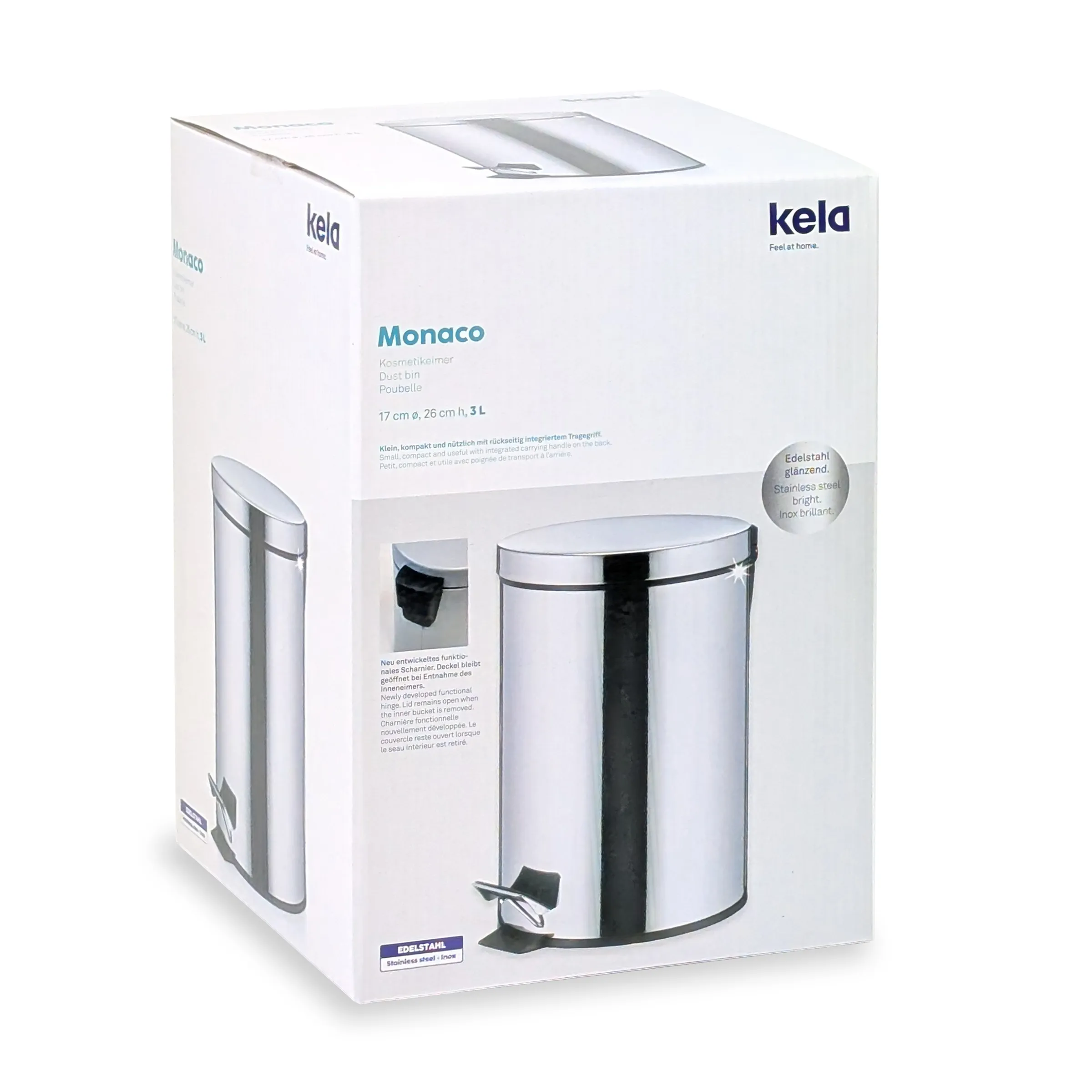 Kela Monaco Treteimer aus Edelstahl, 3 Liter, in weißer Produktverpackung mit Produktansichten