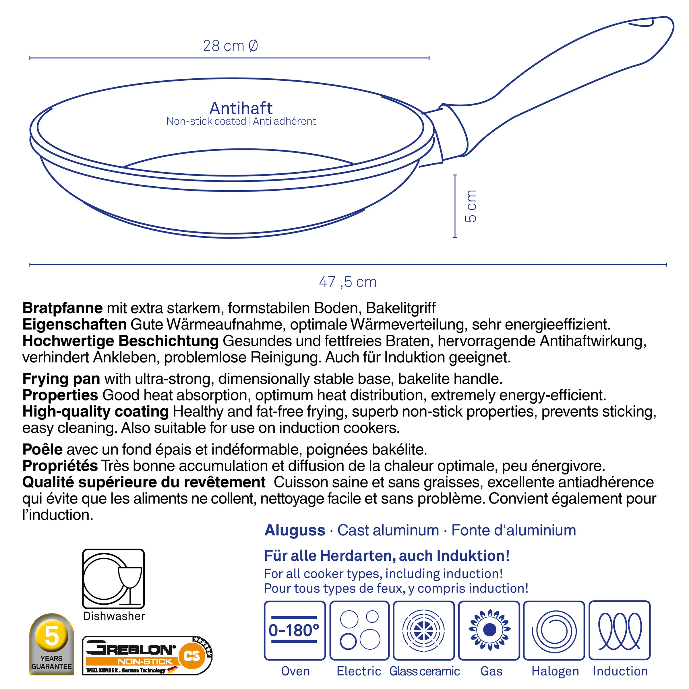 Aluguss-Bratpfanne 28 cm Antihaft für Induktion und alle Herdarten Aluguss-Bratpfanne 28cm mit Antihaftbeschichtung, Bakelitgriff, für alle Herdarten inkl. Induktion, Maßangaben