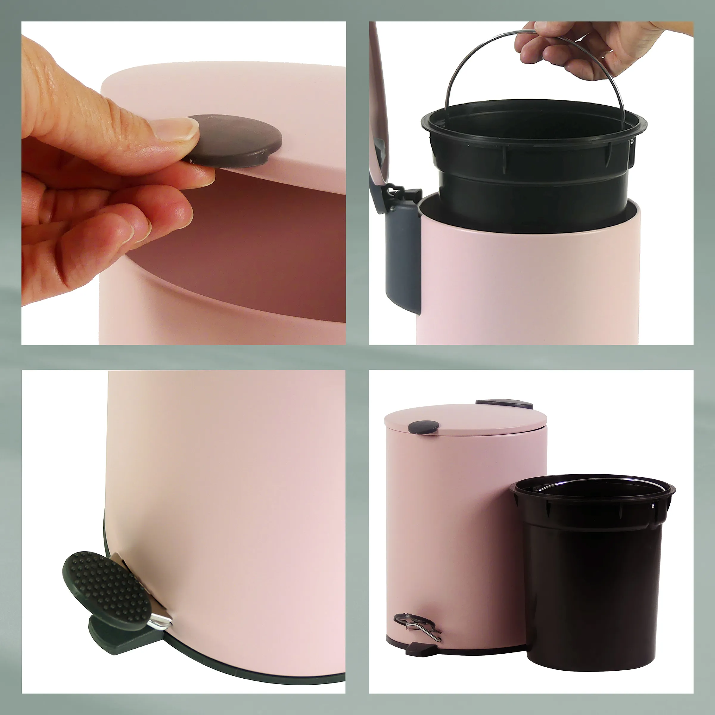 Tretmülleimer Rosa mit herausnehmbarem Inneneimer und Soft-Close-Funktion Rosa Tretmülleimer mit schwarzem Inneneimer, Soft-Close-Deckel und abnehmbarem Einsatz mit Henkel