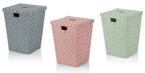 Geflochtene Aufbewahrungskörbe - Organizer Set Drei geflochtene Aufbewahrungskörbe in Grau, Rosa und Grün mit schwarzen Griffen