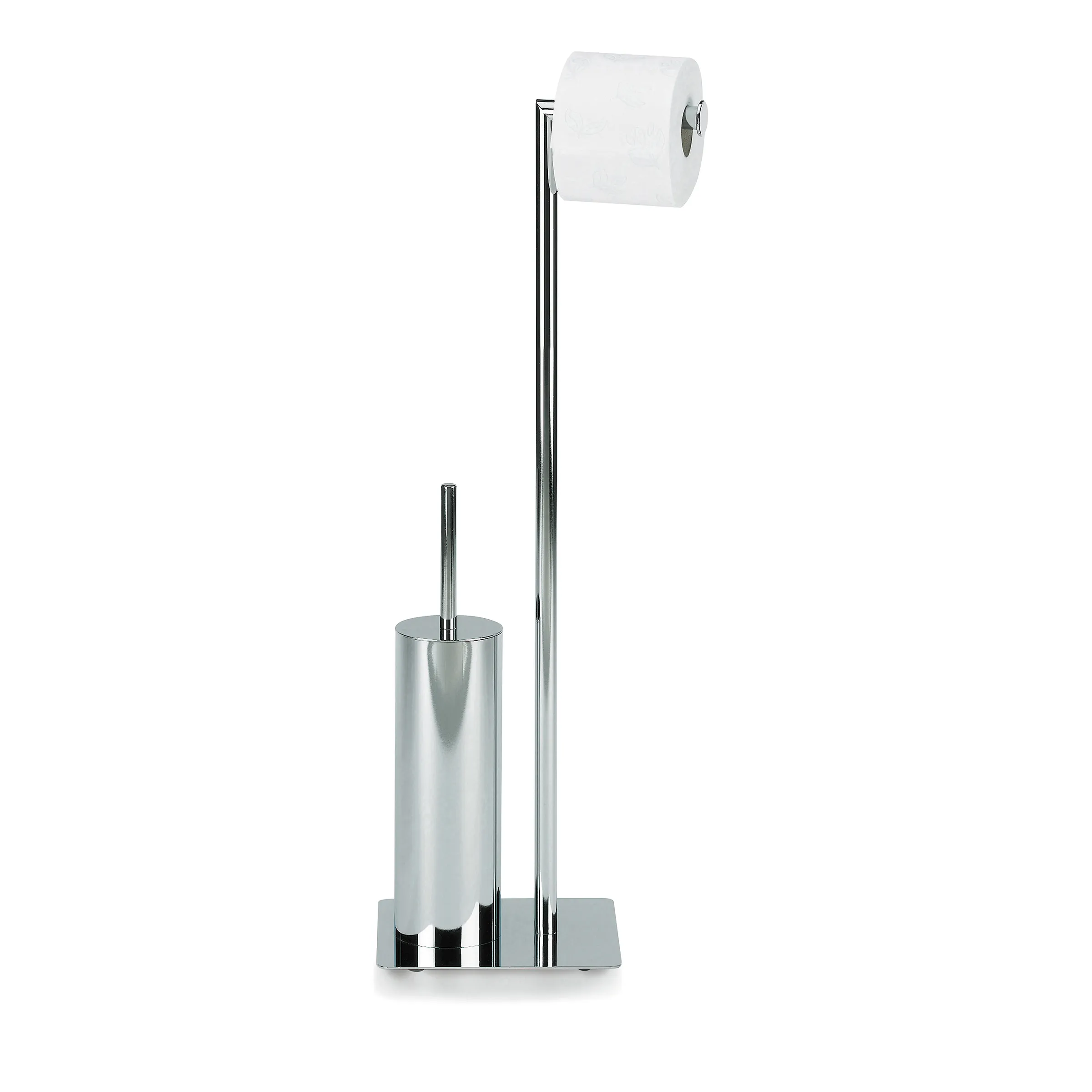 WC-Garnitur Chrom - Stand-Toilettenbürste mit Papierrollenhalter Verchromter WC-Garnitur-Ständer mit Toilettenbürste und Toilettenpapierhalter auf weißem Hintergrund