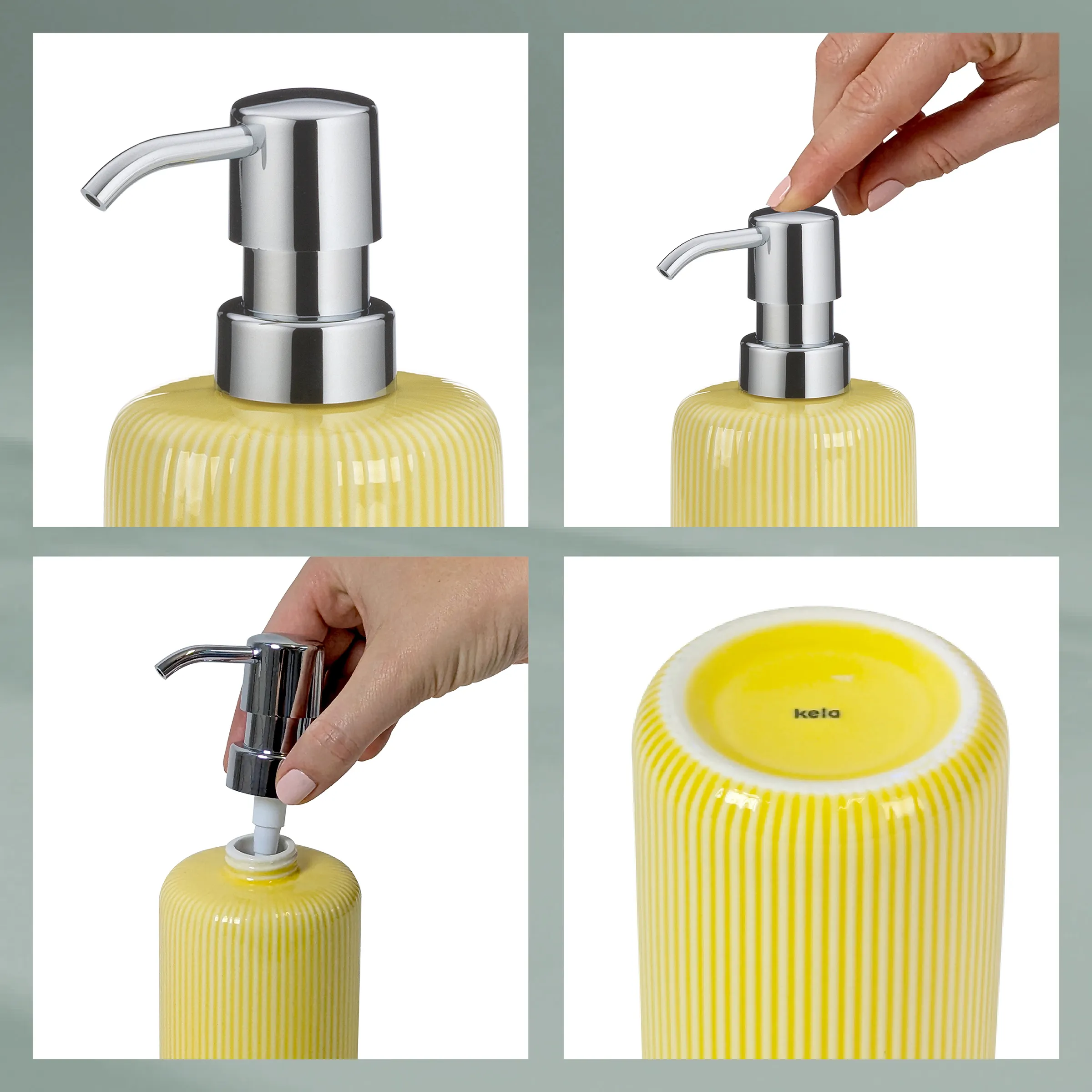 Seifenspender Gelb mit Chrompomp - Design Badezimmer Accessoire Gelber Seifenspender mit Rillenstruktur und Chrompomp, Ansichten von vorne, bei Benutzung und von unten