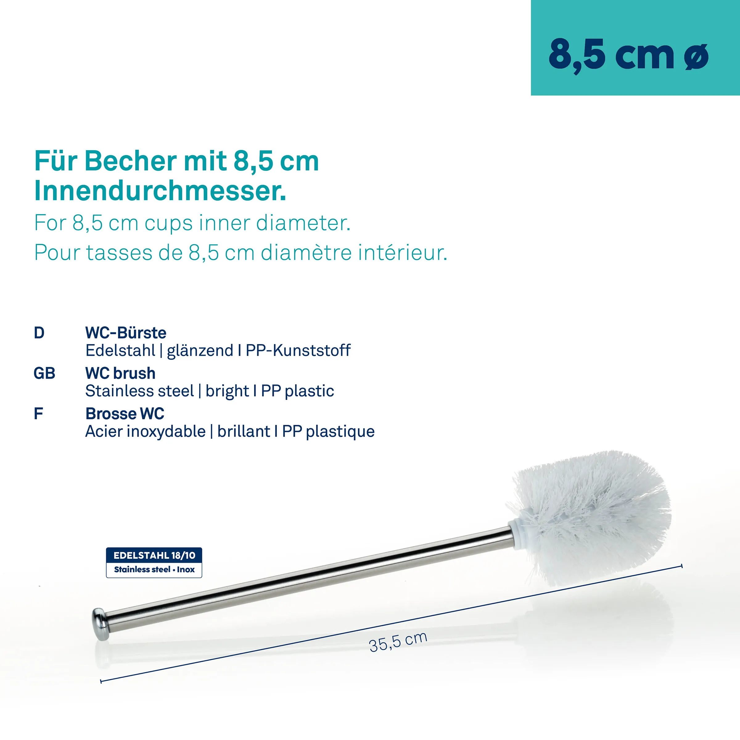 WC-Bürste mit Edelstahlstiel und weißer Nylonbürste, 35,5 cm lang, für 8,5 cm Innendurchmesser Becher.