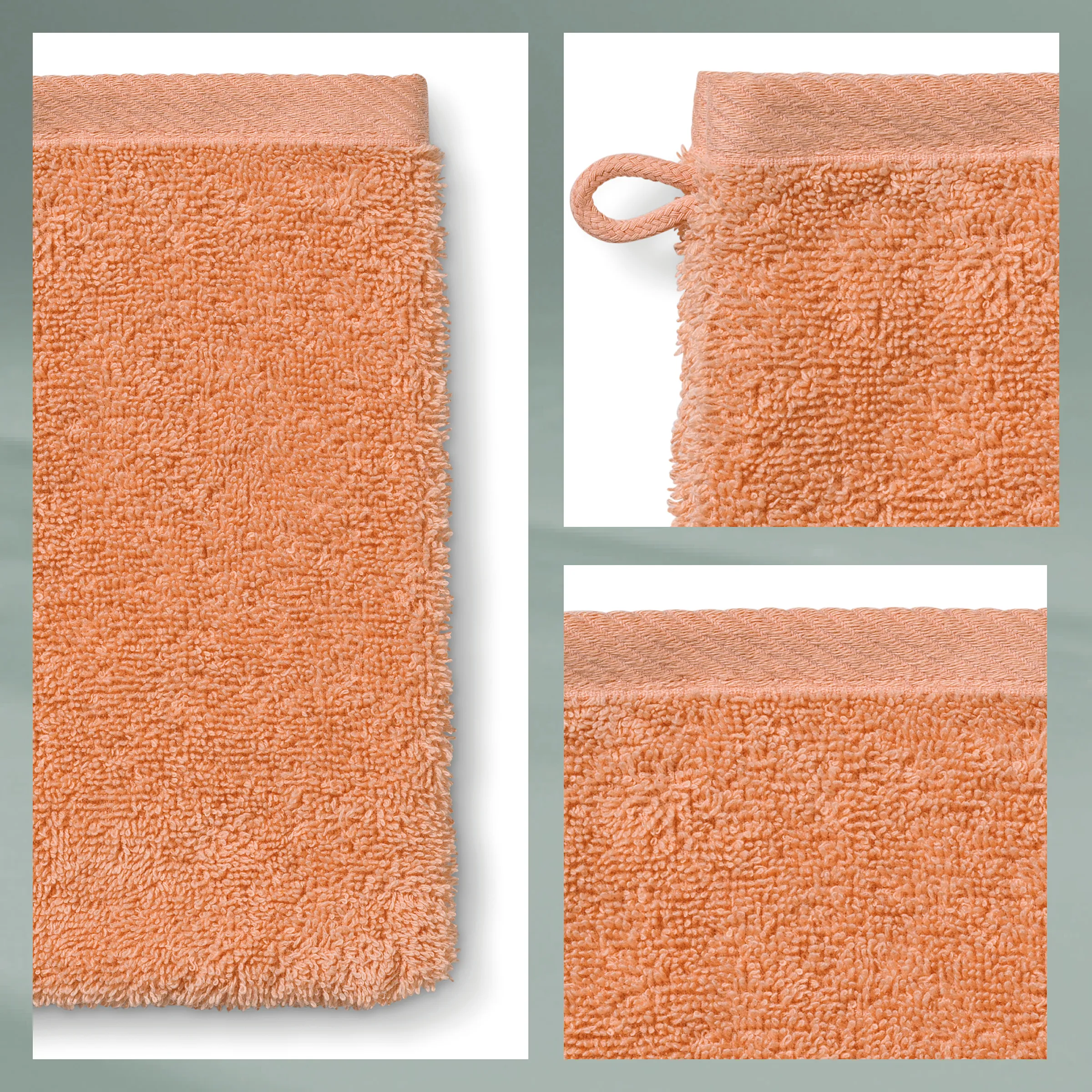 Waschlappen Frottee orange mit Schlaufe Apricot-orange Waschlappen aus Frottee-Stoff mit elastischem Bund und praktischer Schlaufe, Ansicht von vorne, hinten und Detail