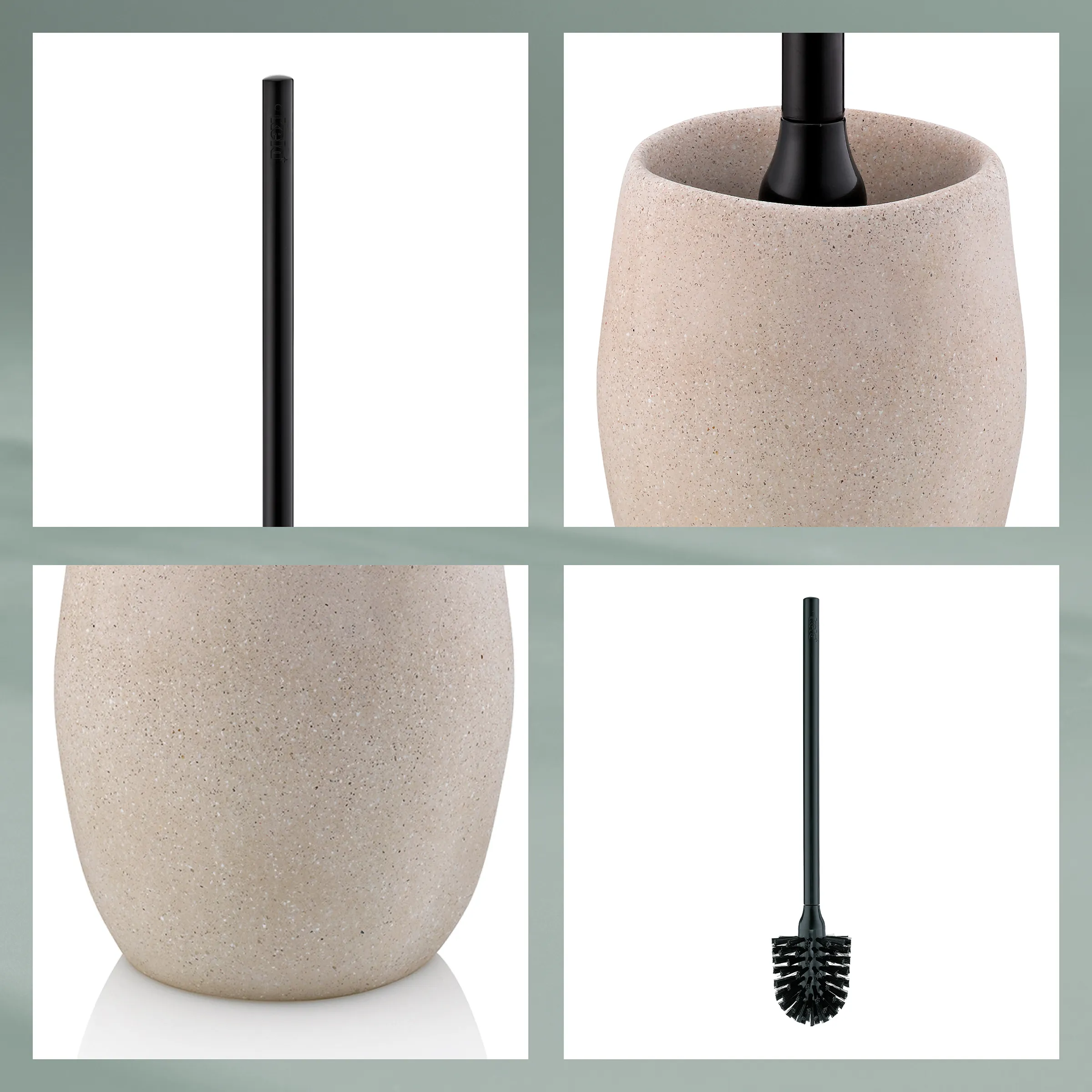 Toilettenbürste Beton Design mit schwarzem Stiel Beige Toilettenbürste mit schwarzem Stiel in Betonoptik-Behälter, vier Ansichten des Produkts