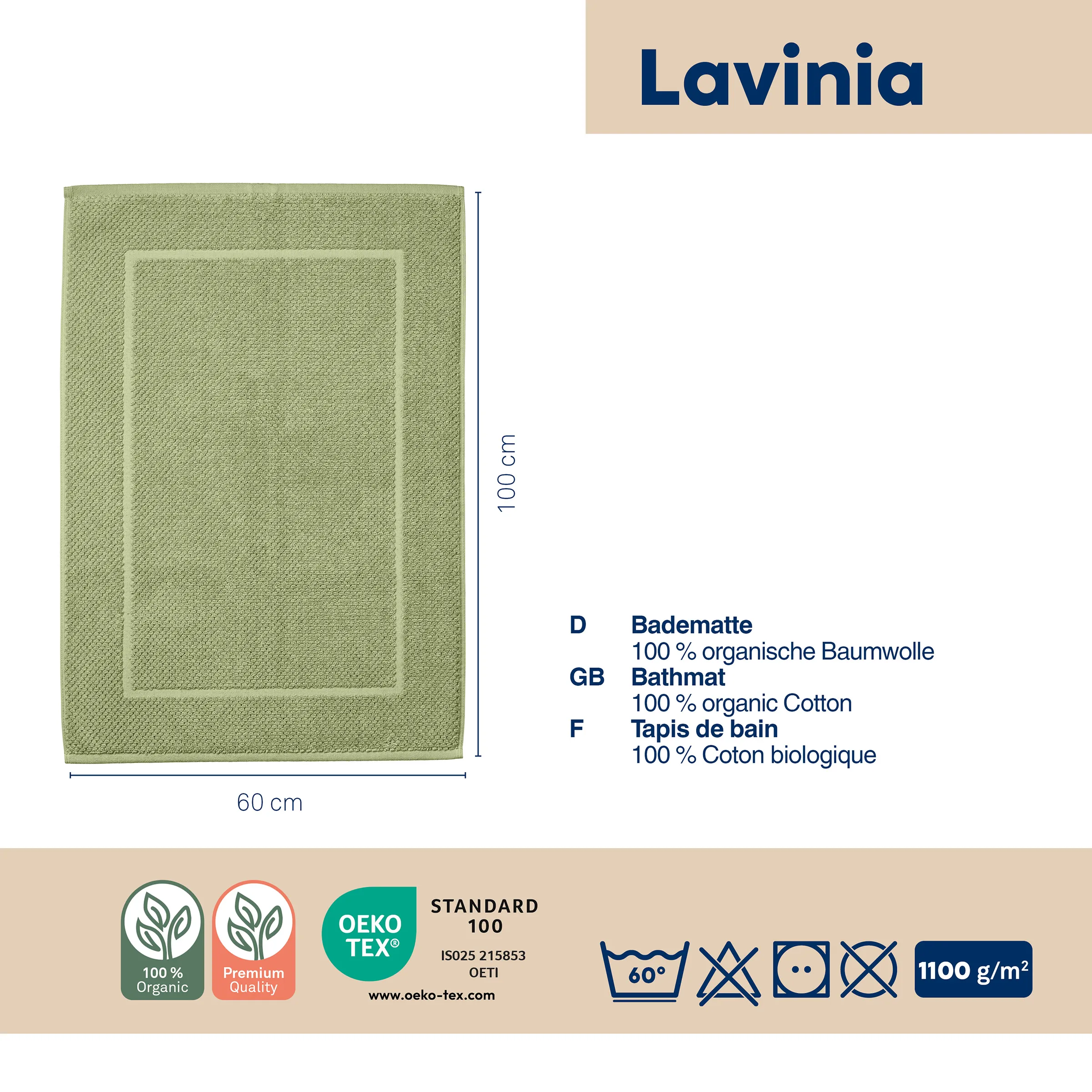 Lavinia Badematte Bio-Baumwolle 60x100 cm Lavinia Badematte aus 100% organischer Baumwolle, 60x100 cm, grün mit strukturierter Oberfläche und OEKO-TEX Standard 100 Zertifizierung