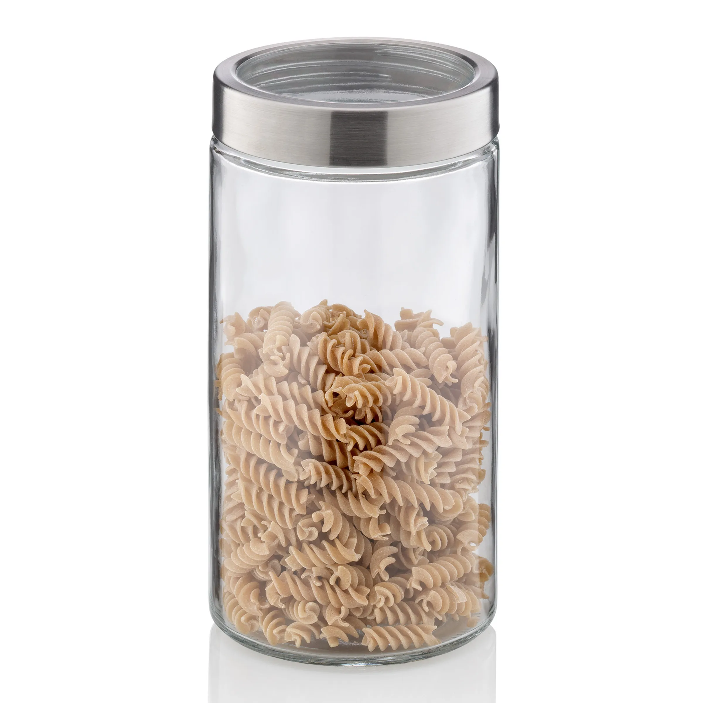 Vorratsbehälter für Nudeln und Lebensmittel mit luftdichtem Deckel Glas-Vorratsbehälter mit Edelstahldeckel gefüllt mit trockenen Fusilli-Nudeln