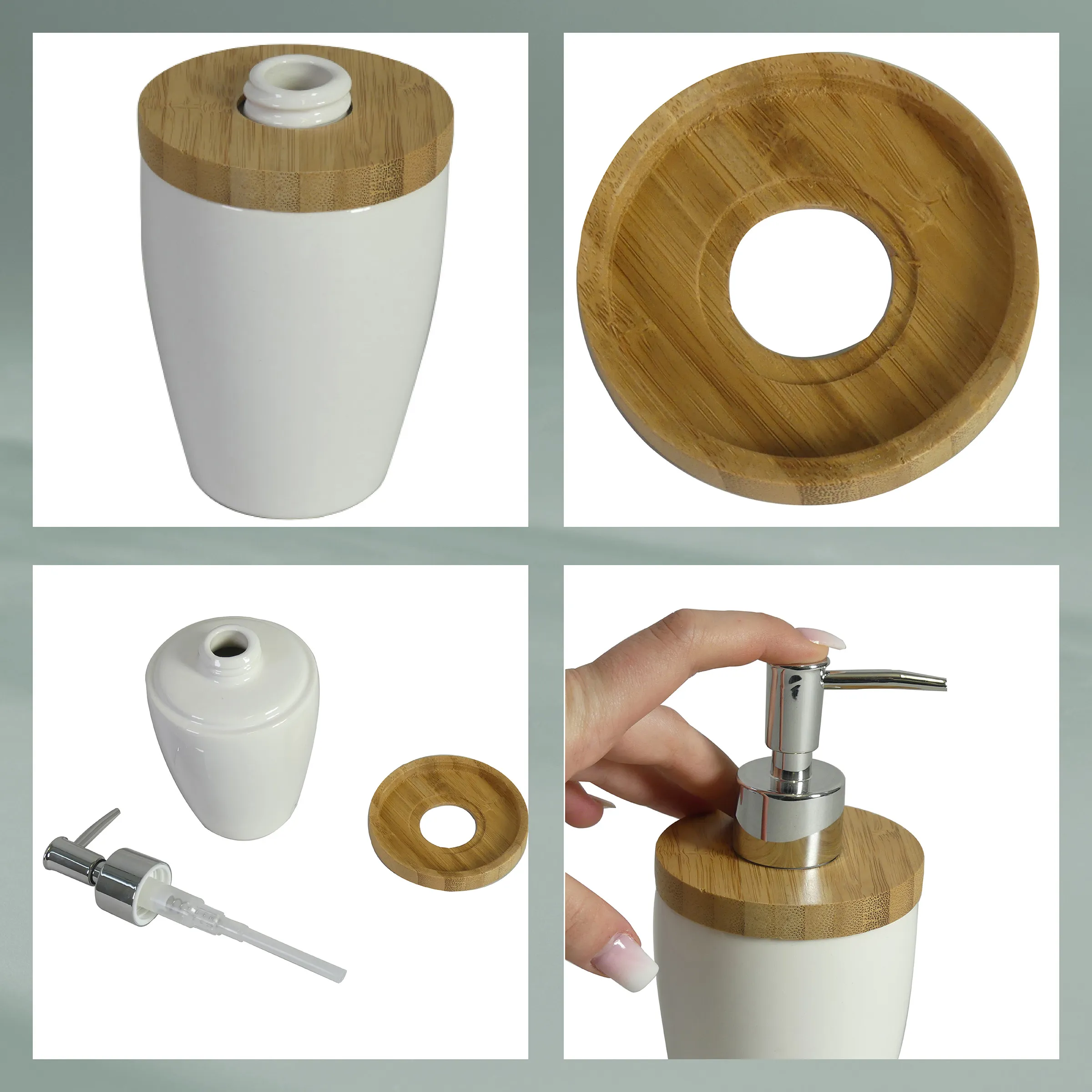 Bamboo Seifenspender mit Holzdeckel - Nachhaltiges Badezimmer Set Bamboo Seifenspender Set mit weißem Behälter, Holzdeckel, Pumpkopf und Zubehör in verschiedenen Ansichten