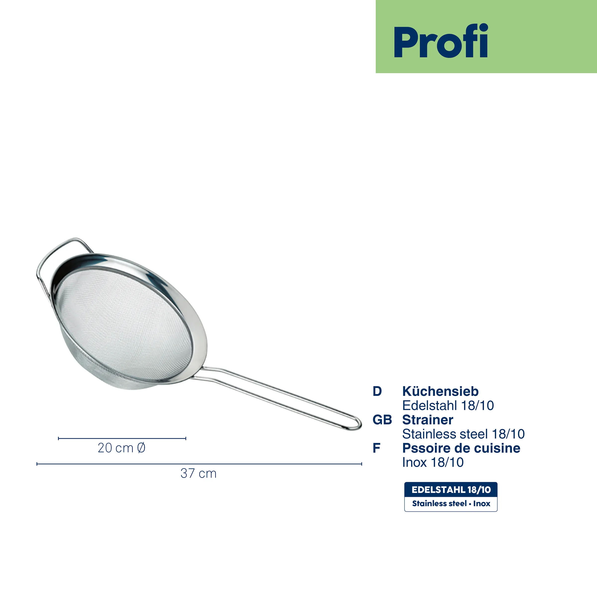 Küchensieb Edelstahl 18/10 - Profi Strainer Küchensieb aus Edelstahl 18/10 mit 20 cm Durchmesser und 37 cm Gesamtlänge, Profi-Qualität