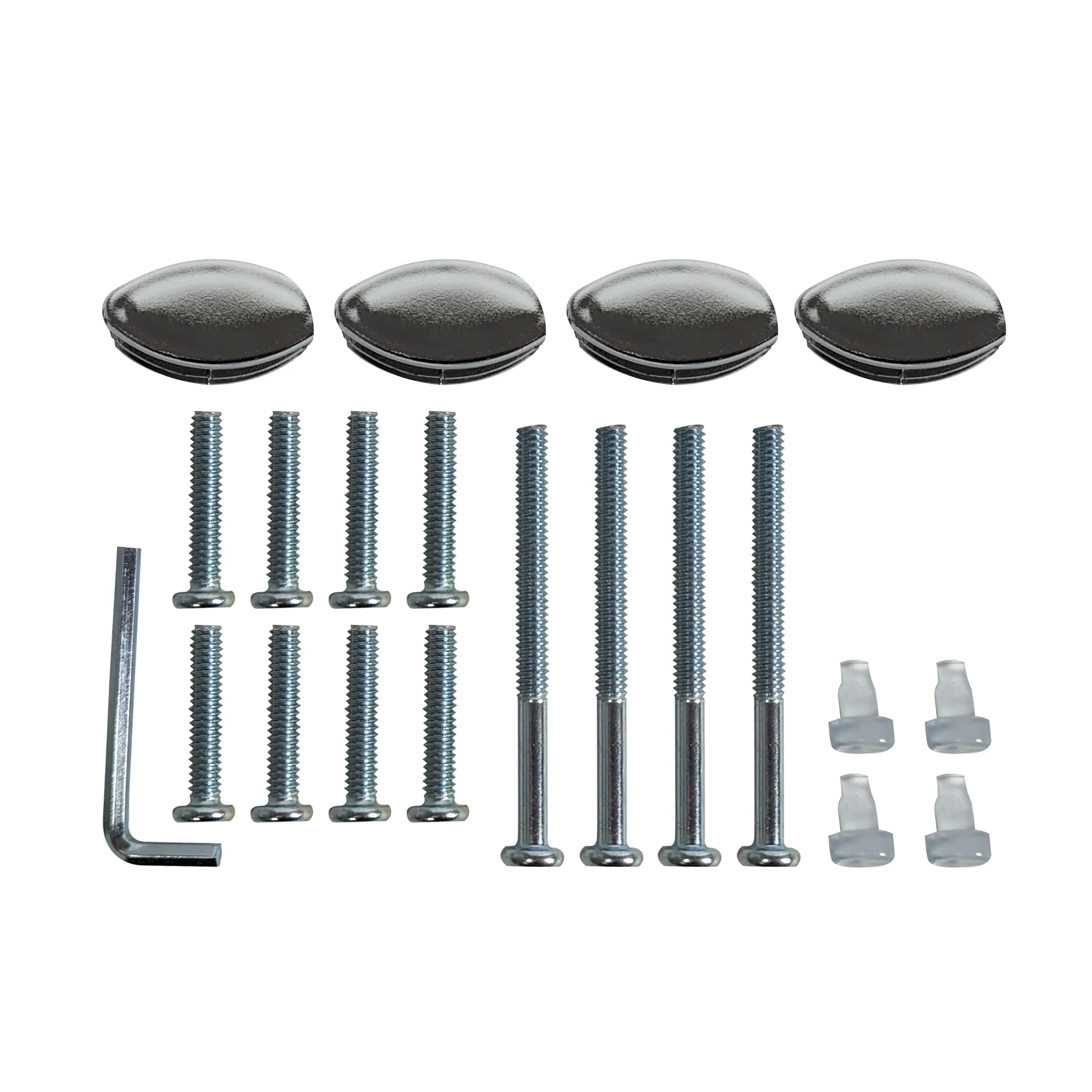 Kit de Montage Vis et Capuchons Kit de montage avec quatre capuchons en plastique noir, huit vis de différentes longueurs, quatre chevilles en plastique transparent et clé hexagonale.