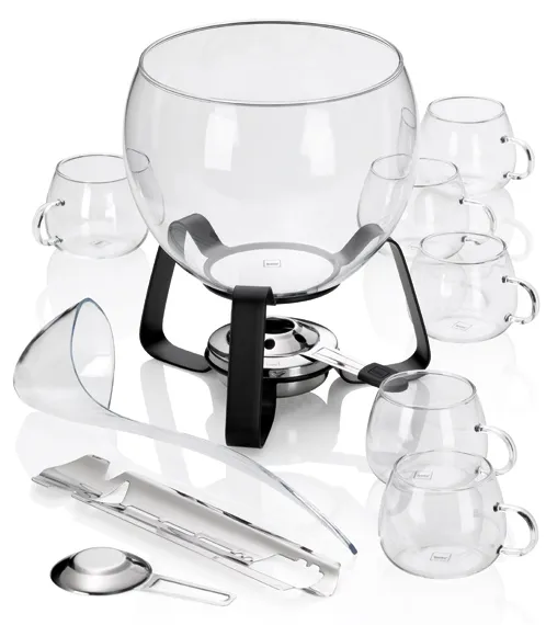 Fondue-Set Glas - komplettes 8-Personen Fondue Zubehör Fondue-Set mit großem Glastopf auf schwarzem Ständer, acht Tassen, Zange, Löffel und Rechaud-Brenner