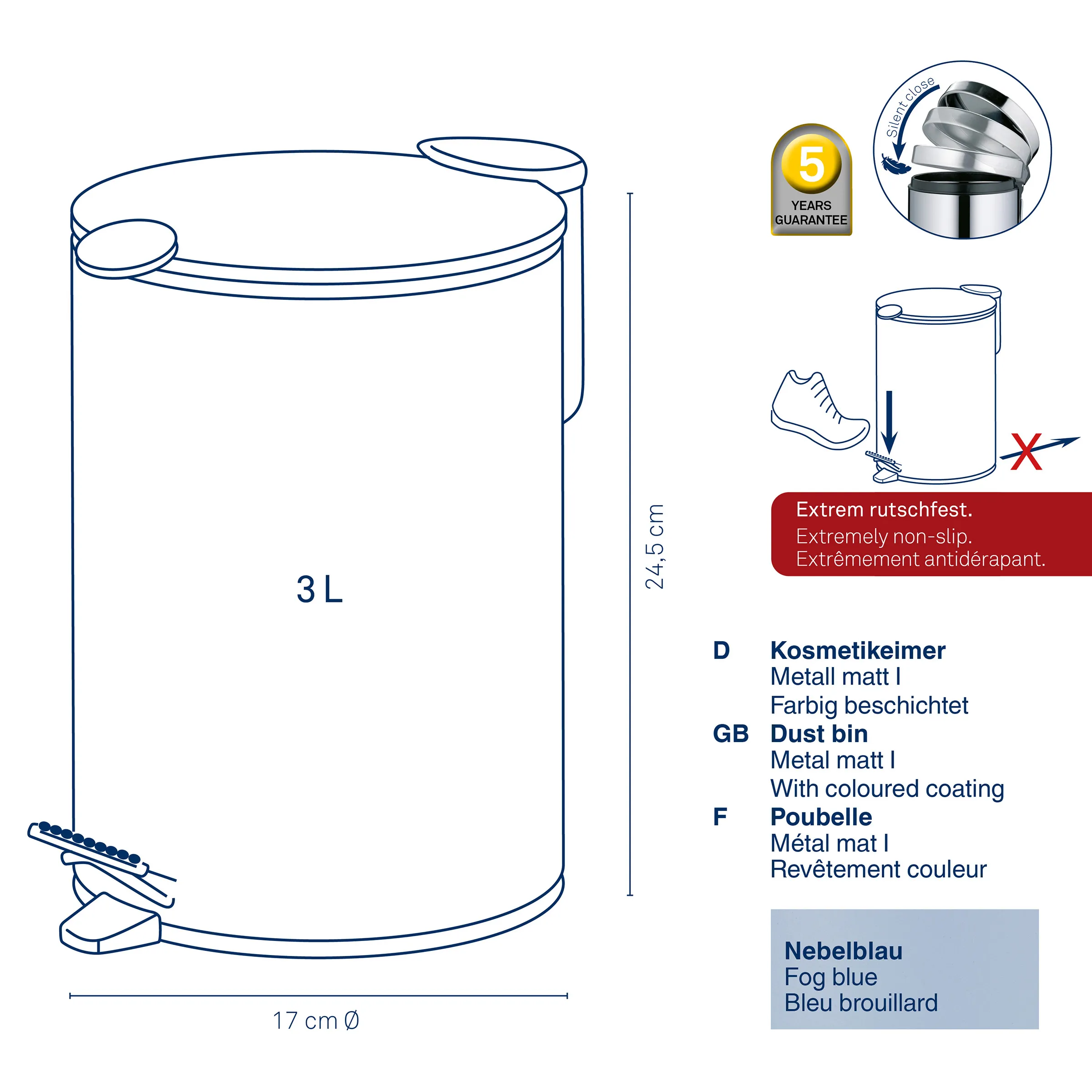 3L Kosmetikeimer Metall rutschfest 3-Liter-Behälter aus Metall mit rutschfestem Design, 24,5 cm Höhe und 17 cm Durchmesser, mit Deckel und Griff.