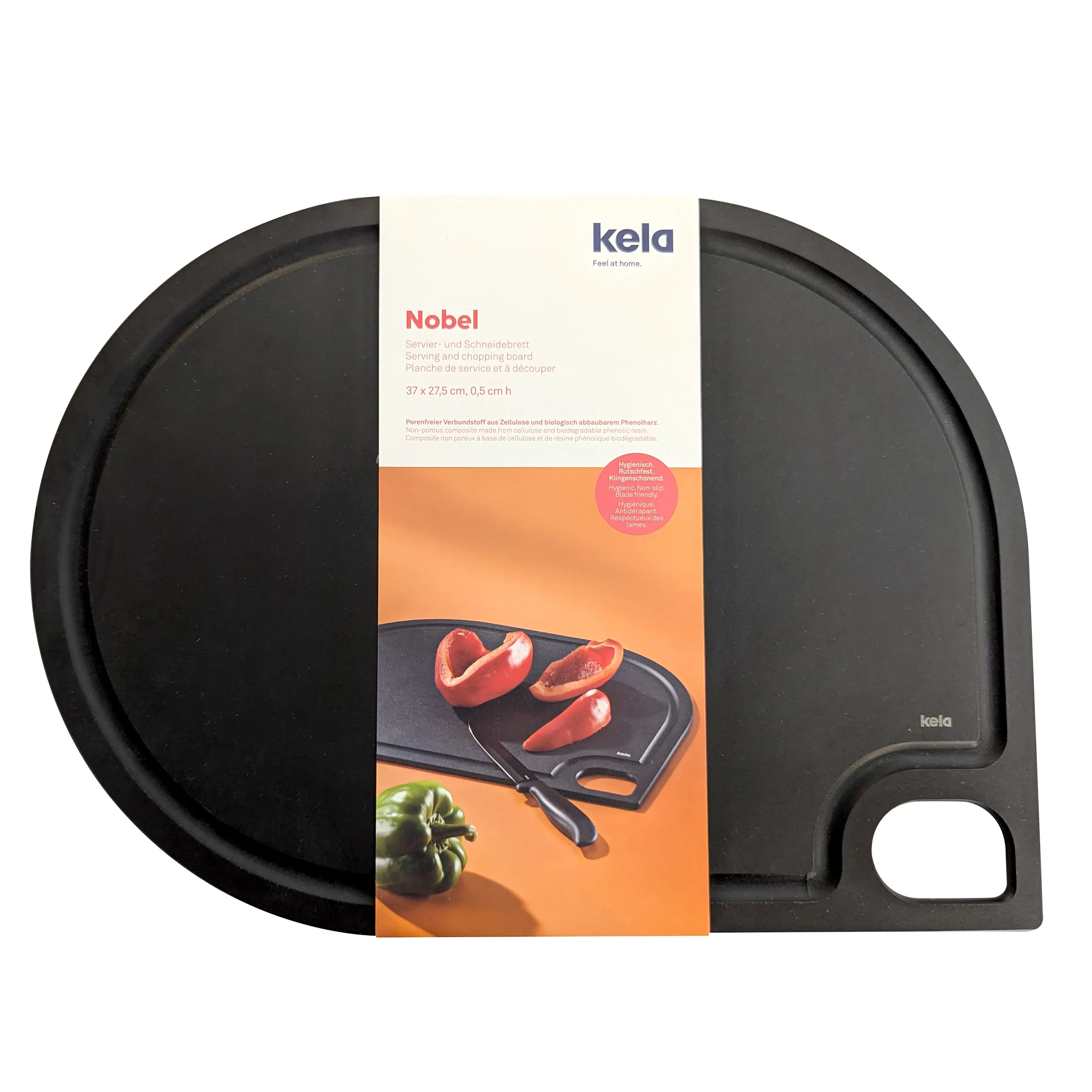 Kela Nobel Servierbrett schwarz - Schneidebrett rund mit Griff 37cm Kela Nobel schwarzes rundes Servierbrett mit Griff und Verpackung, ideal zum Servieren und Schneiden