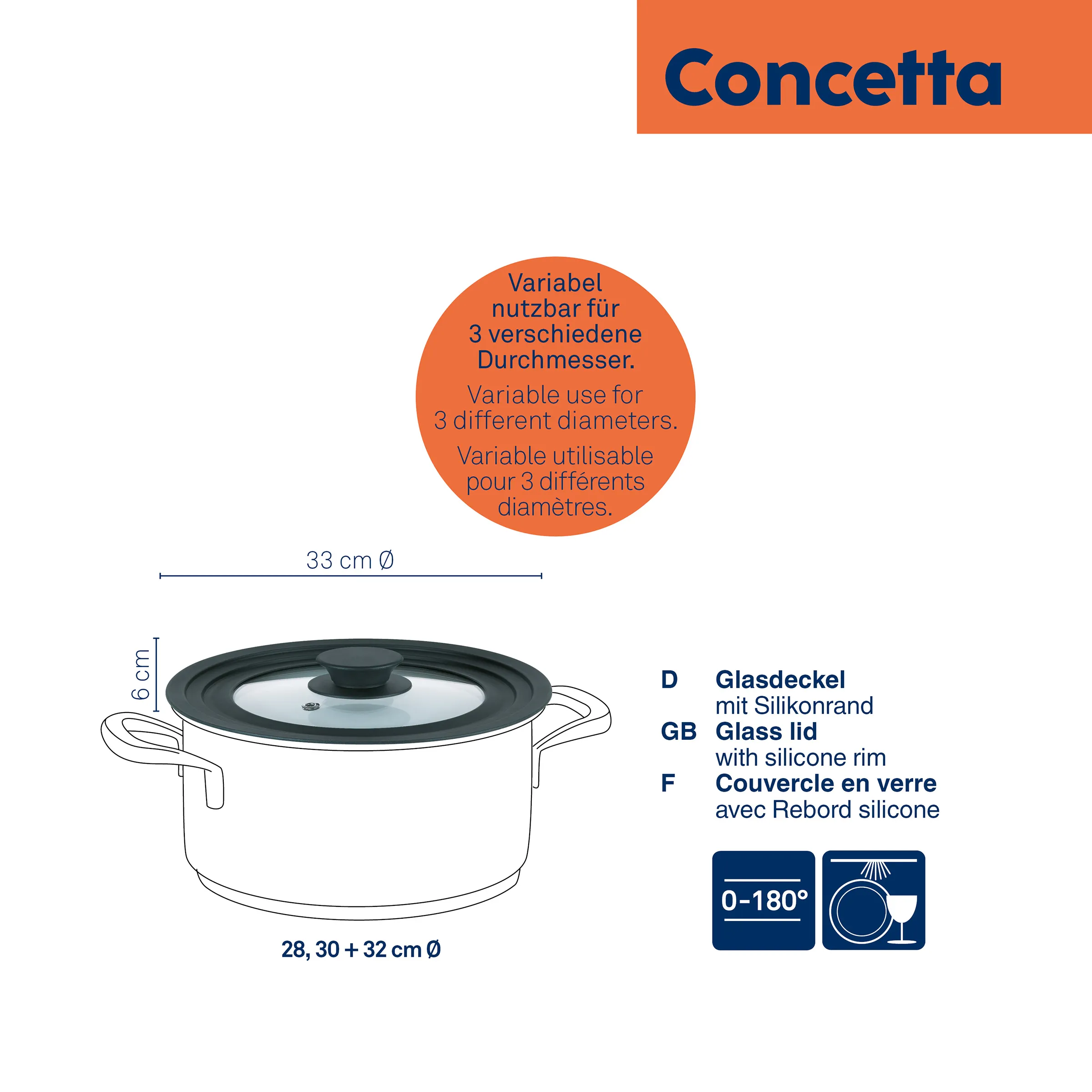 Concetta Glasdeckel variabel für verschiedene Topfgrößen Concetta Glasdeckel mit Silikonrand für Töpfe in 28, 30 und 32 cm Durchmesser, 33 cm Ø, hitzebeständig bis 180°C