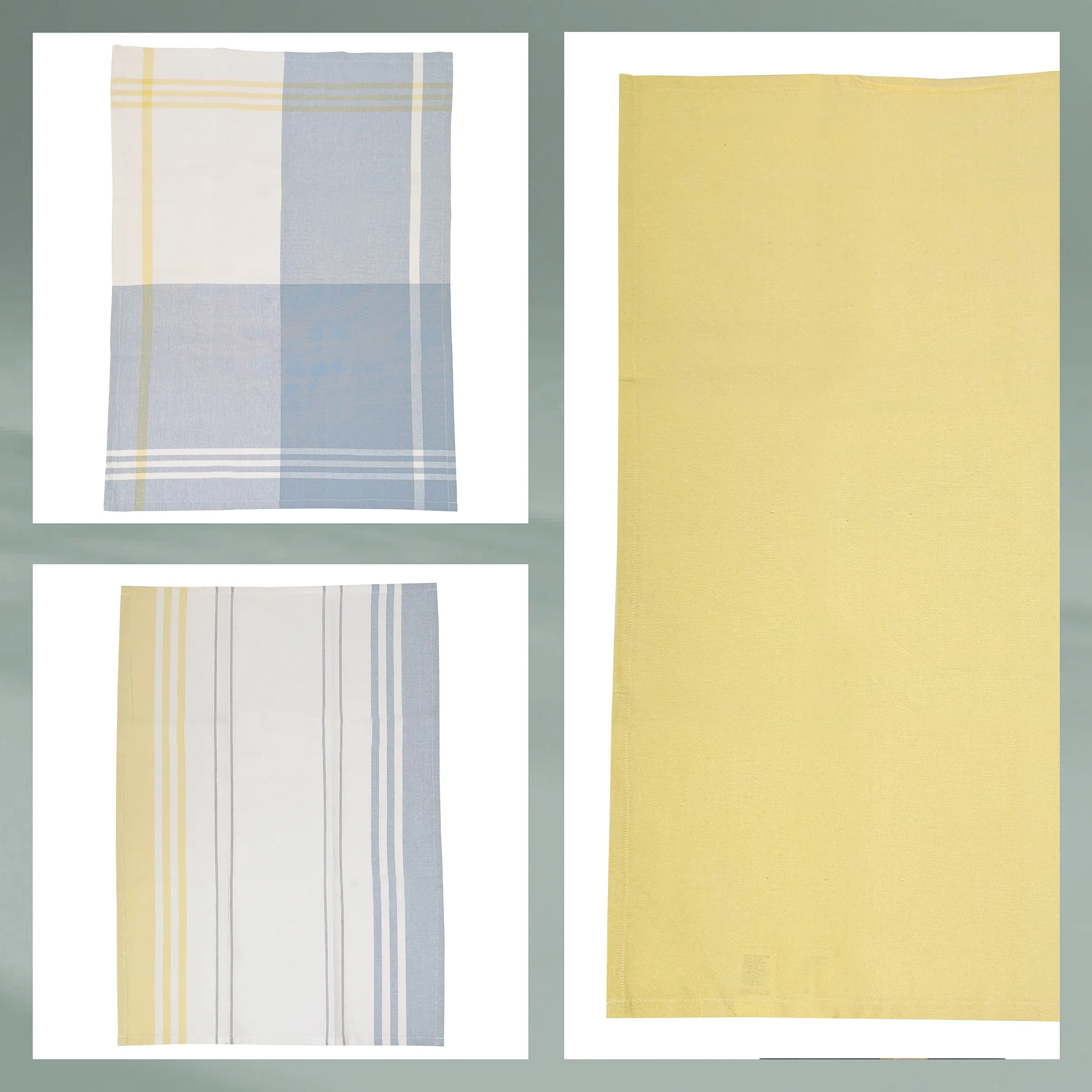 Küchenhandtücher Set mit Karo- und Streifenmuster Kollektion von drei Baumwoll-Küchenhandtüchern mit Karo- und Streifenmuster in Blau, Gelb und Grau