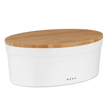 Bread Box with Bamboo Lid - White Storage Container White oval bread box with bamboo lid and small ventilation holes for food storage