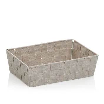 Beige gewebter Aufbewahrungskorb mit Flechtmuster und Griffen, rechteckige Form aus Kunststoff