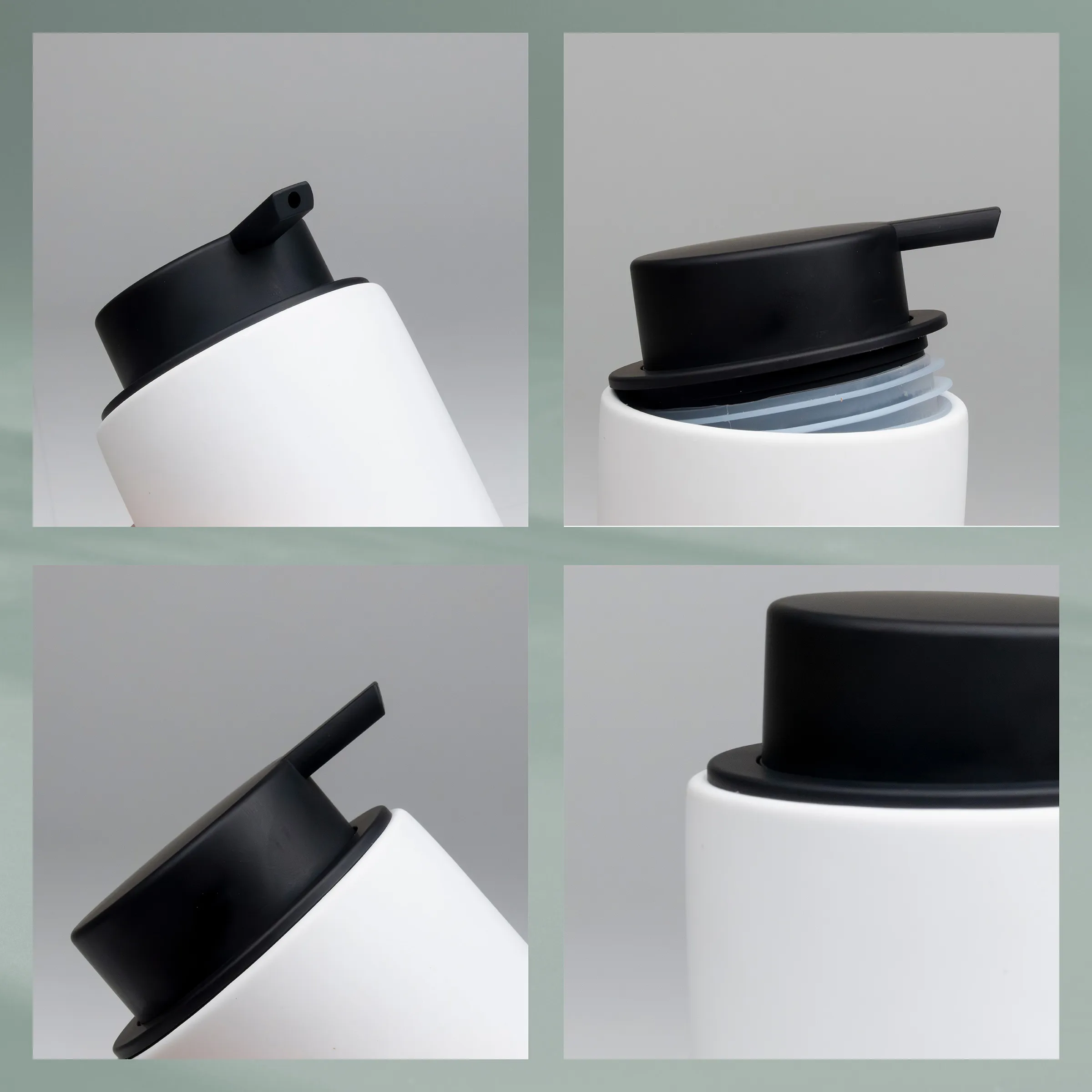 Isolierflasche mit schwarzem Verschluss - Thermoflasche Weiße Isolierflasche mit schwarzem Verschluss in verschiedenen Ansichten und Positionen