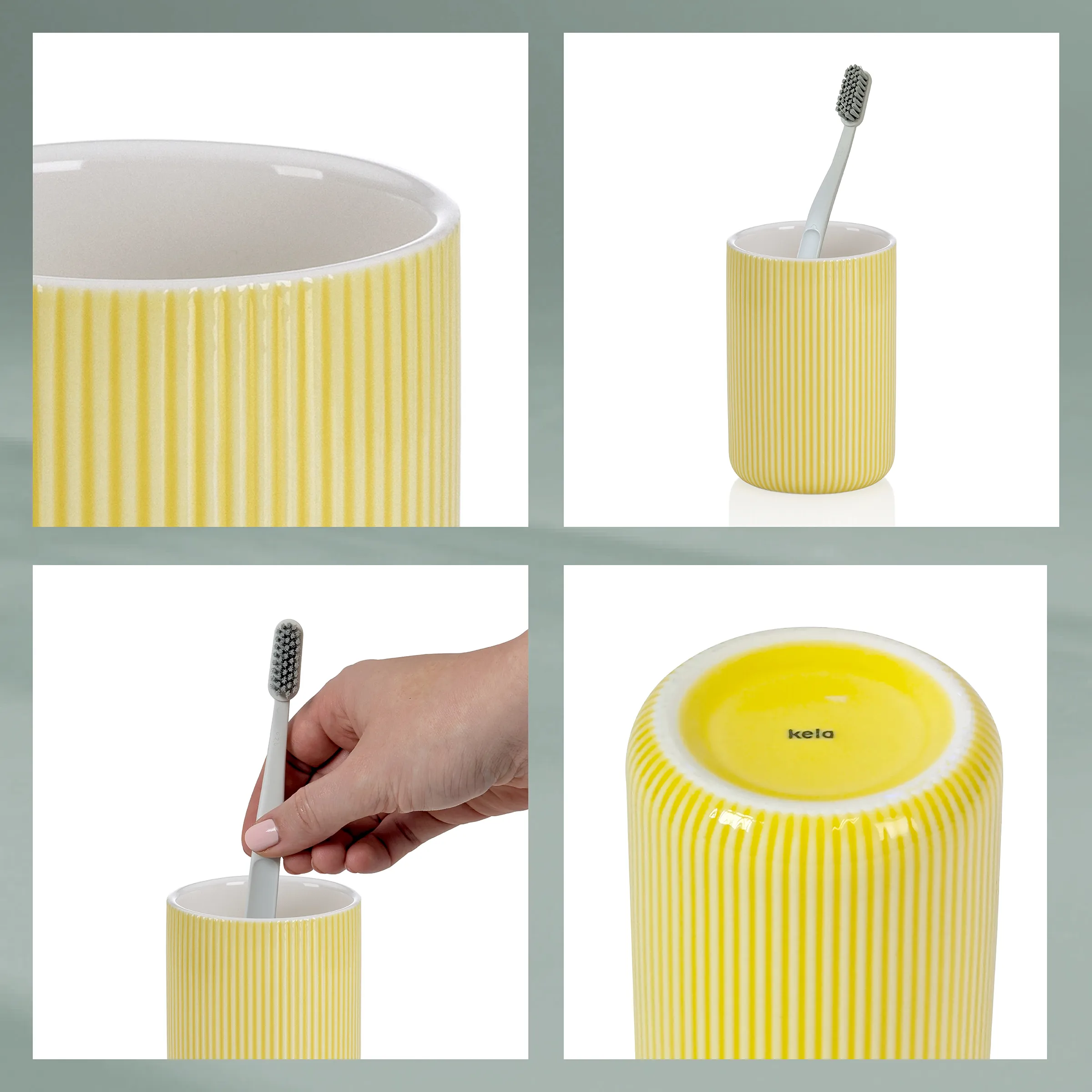 Zahnbürstenbecher gelb Rillendesign - kela Badezimmer Gelber Zahnbürstenbecher mit Rillenstruktur und Zahnbürste in verschiedenen Perspektiven von kela