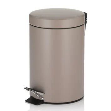 Taupe-farbener Tretmülleimer aus Metall mit rundem Design, schwarzem Pedal und abnehmbarem Deckel