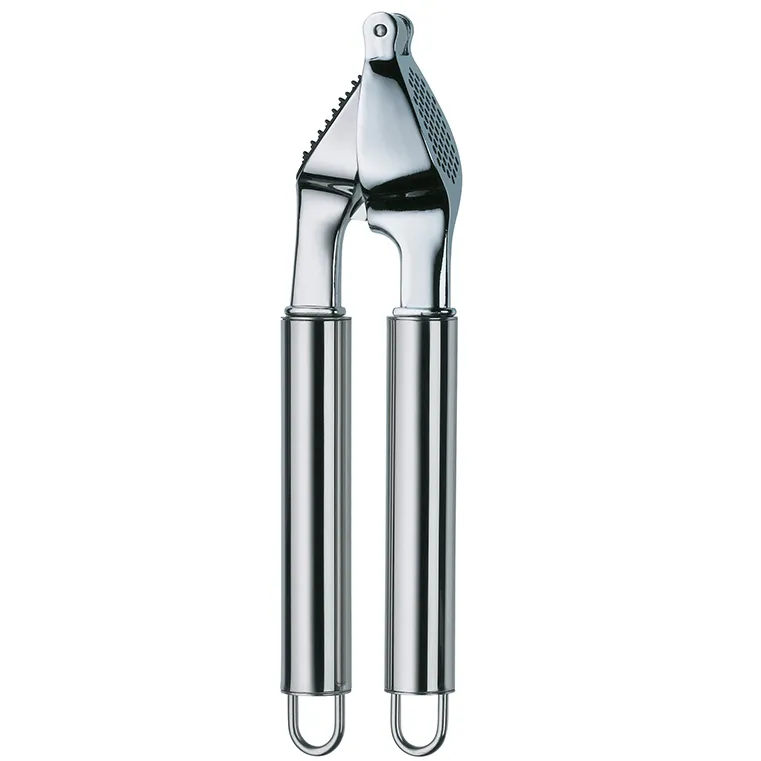 Stainless steel garlic press with ergonomic handles and perforated pressing head for crushing garlic cloves