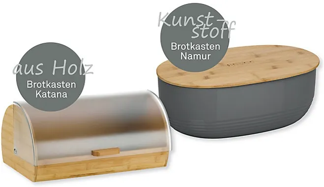 Bread Box Wood Metal - Kunstoff Kitchen Storage Two bread boxes with wooden lids: a cylindrical stainless steel breadbox (Katana) and an oval grey container (Namur) for kitchen storage.