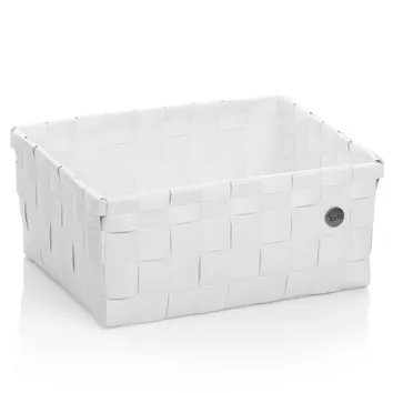 Weiße Aufbewahrungsbox aus gewebtem Material mit Griffen und Keld-Logo an der Seite