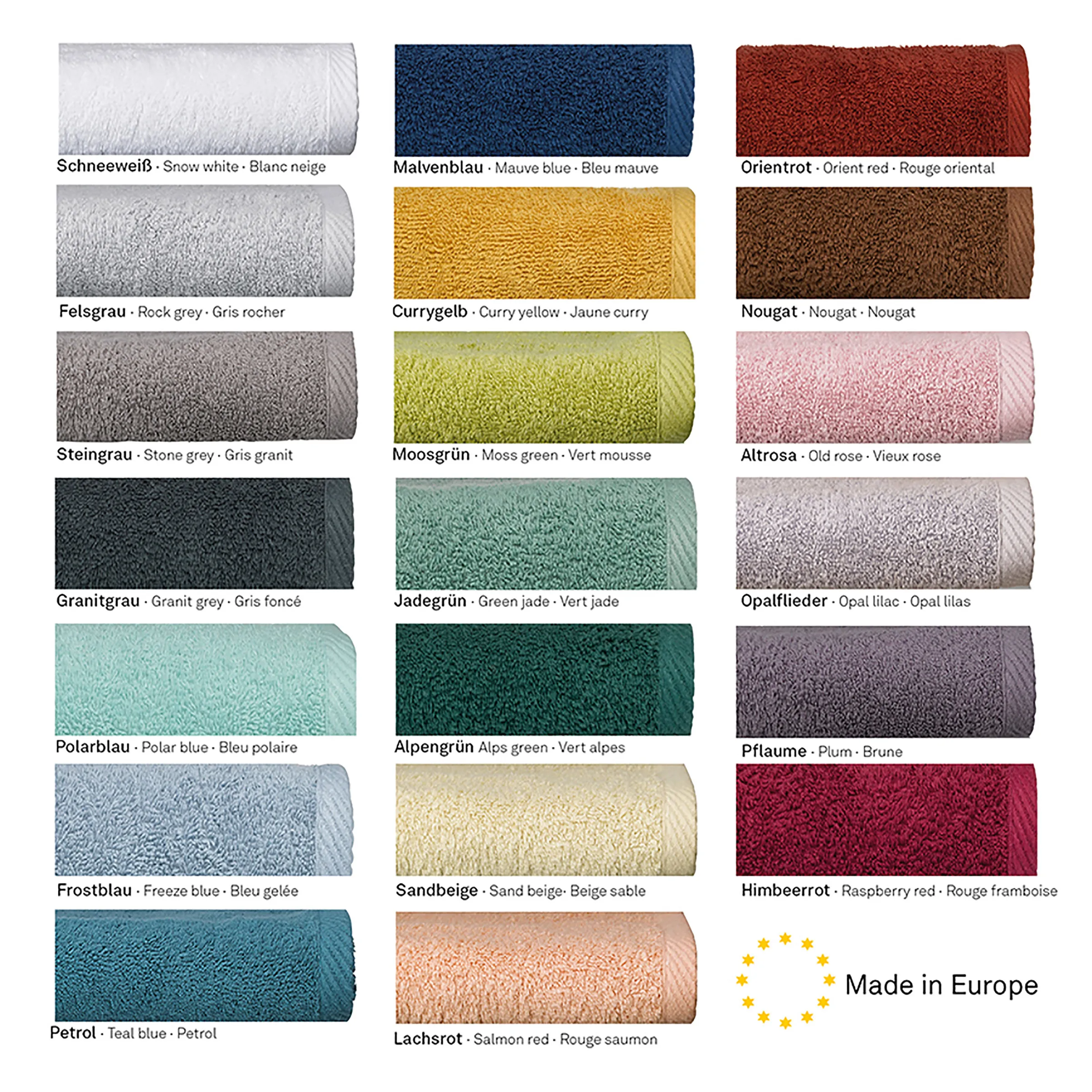 Farbmuster von Handtüchern und Tüchern in 24 verschiedenen Farben wie Weiß, Grau, Blau, Grün, Rot und Rosa mit deutschen, englischen und französischen Farbbezeichnungen.