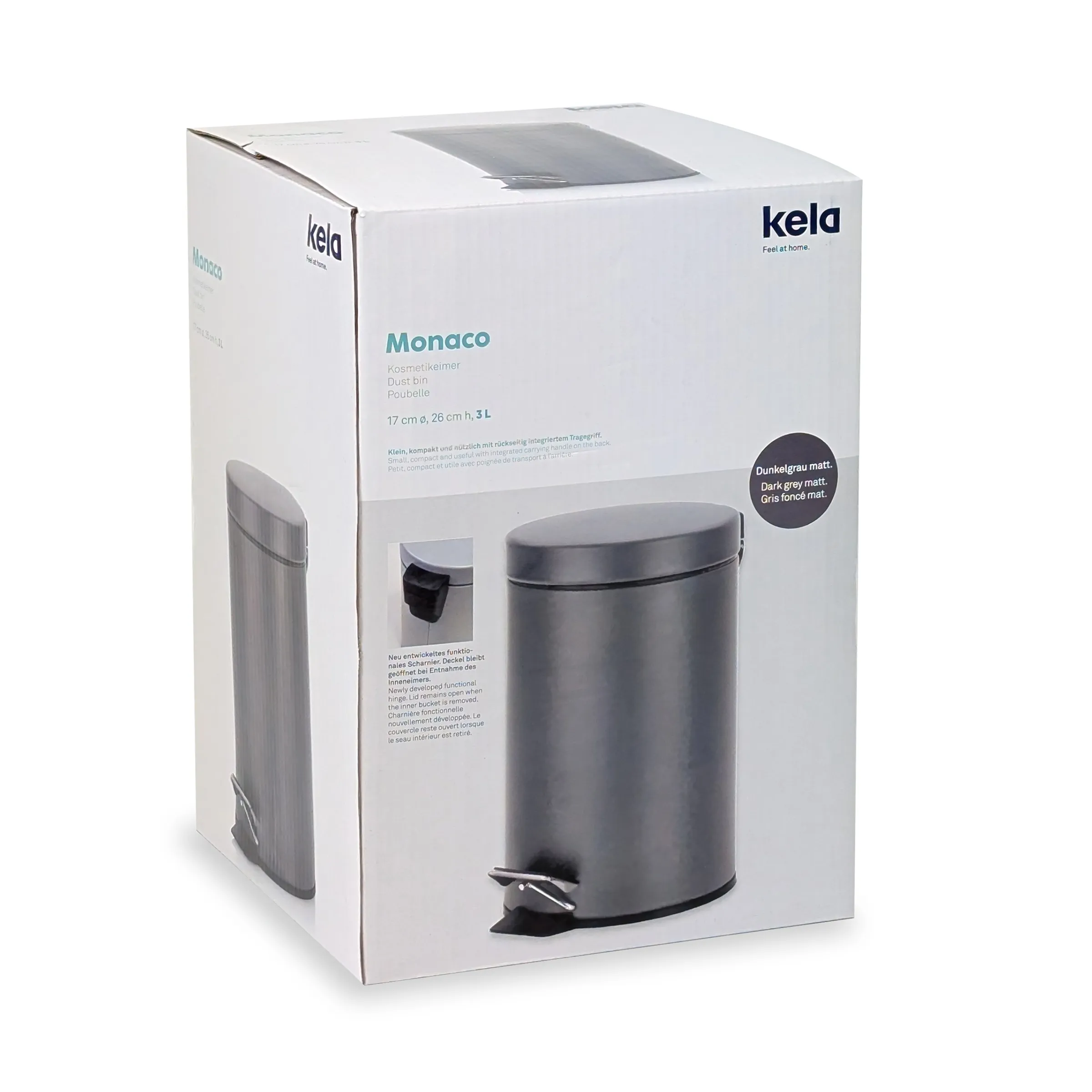Kela Monaco Kosmetikeimer 3L Dunkelgrau matt - Treteimer Badezimmer Kela Monaco Kosmetikeimer 3L in Dunkelgrau matt mit Fußpedal, Verpackung zeigt Treteimer von allen Seiten