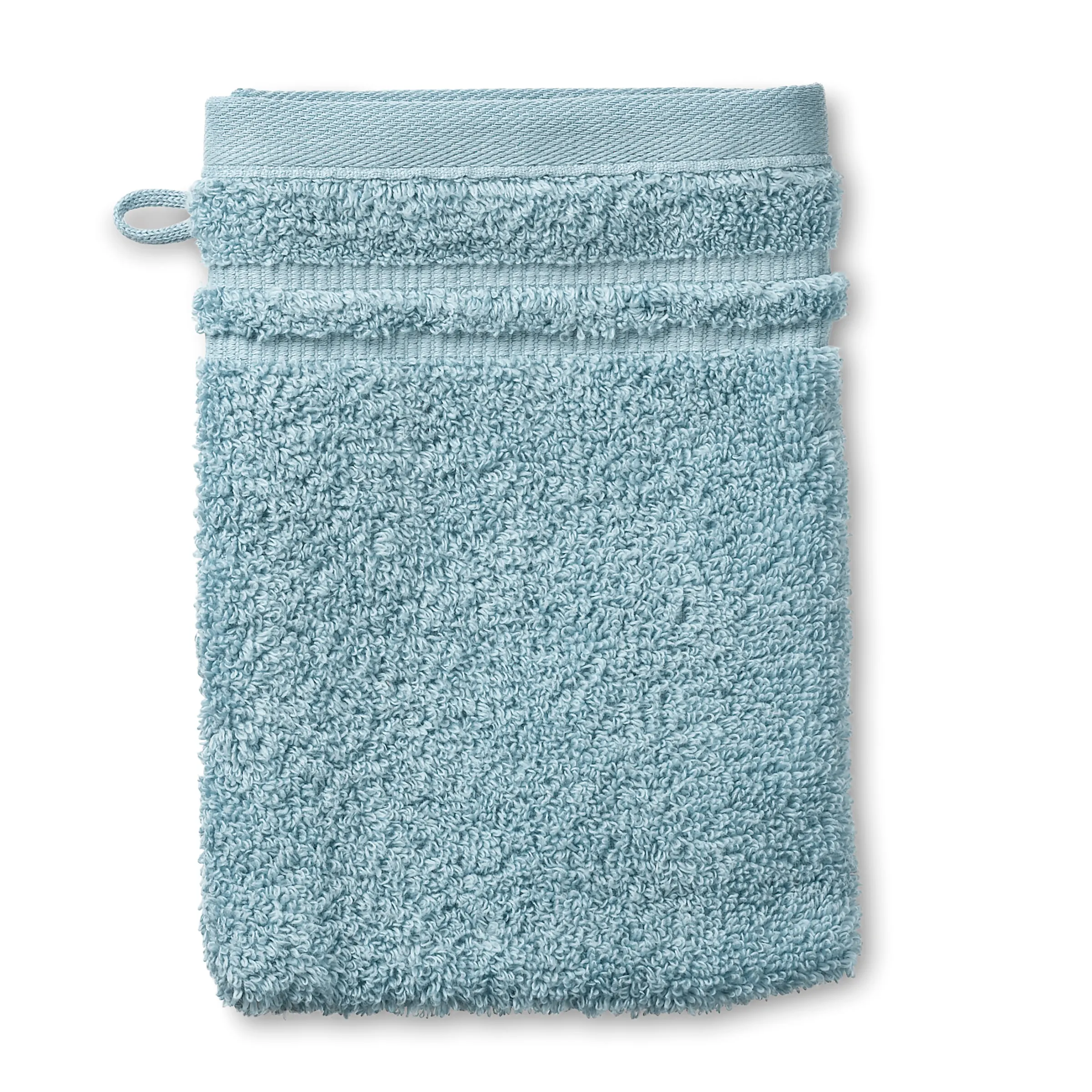 Hellblaues Waschlappen aus Frottee mit gerafften Texturflächen und Aufhängerschlaufe