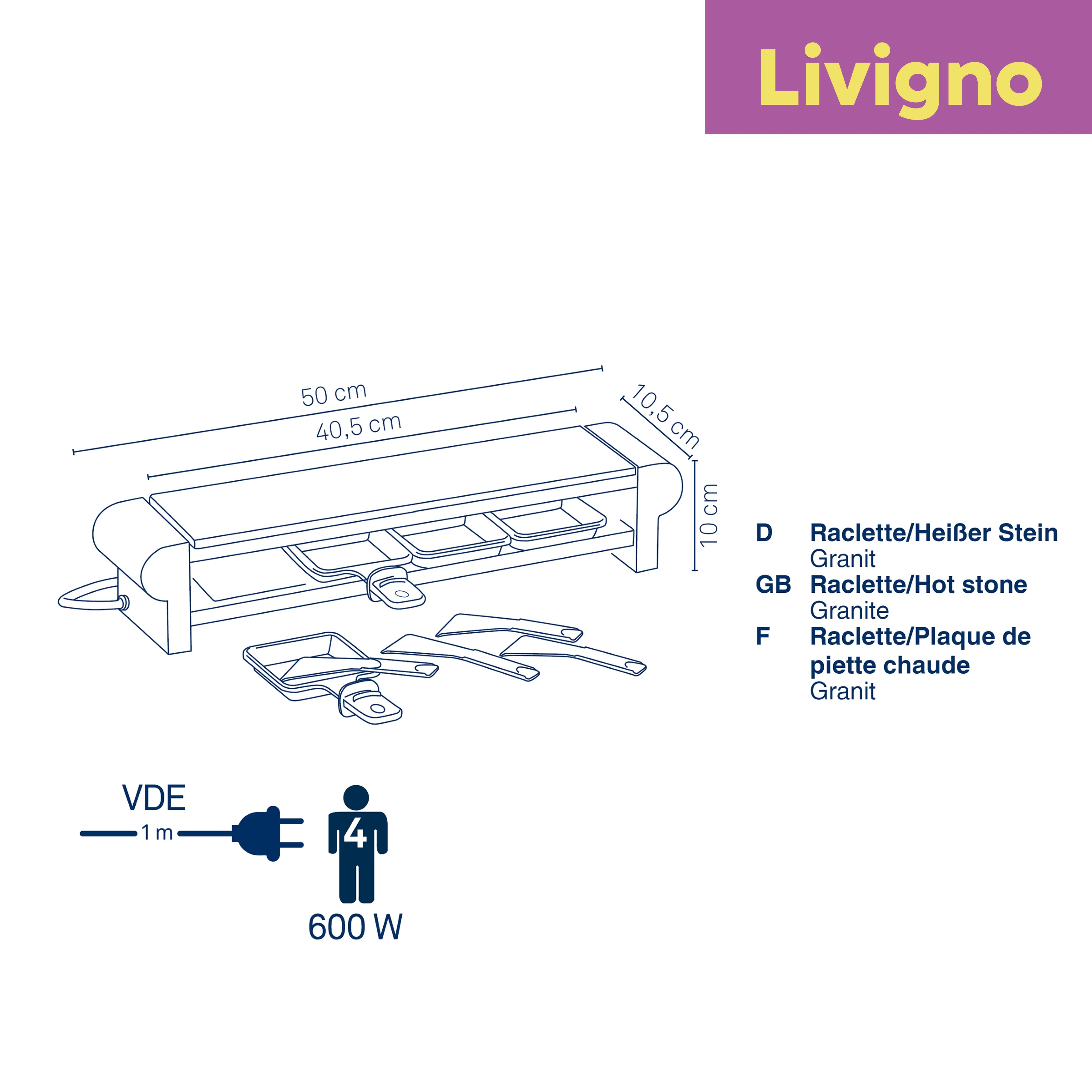 Livigno Raclette-Grill Granit 50 cm - Elektro-Raclette Livigno Raclette-Grill mit Granit-Heizstein, 50 cm breit, 600 W Leistung, inklusive Spatel und Anleitung