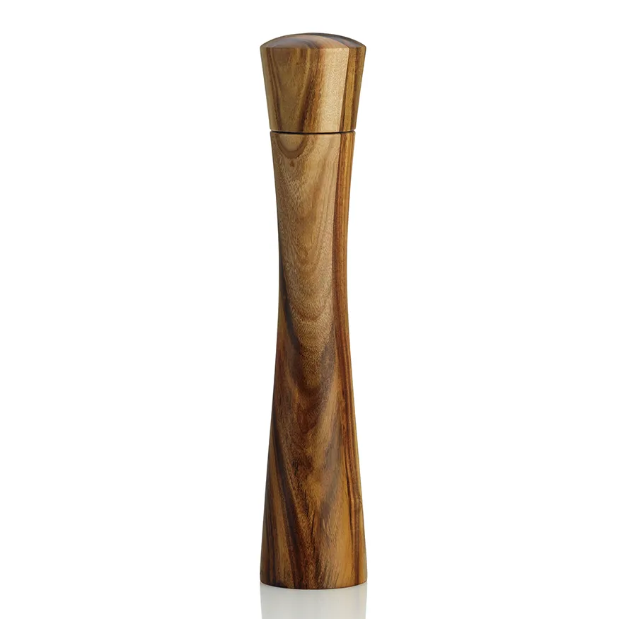 Holzpfeffermühle mit schlankem konischem Design und integriertem Mahlwerk, natürliche Holzmaserung sichtbar