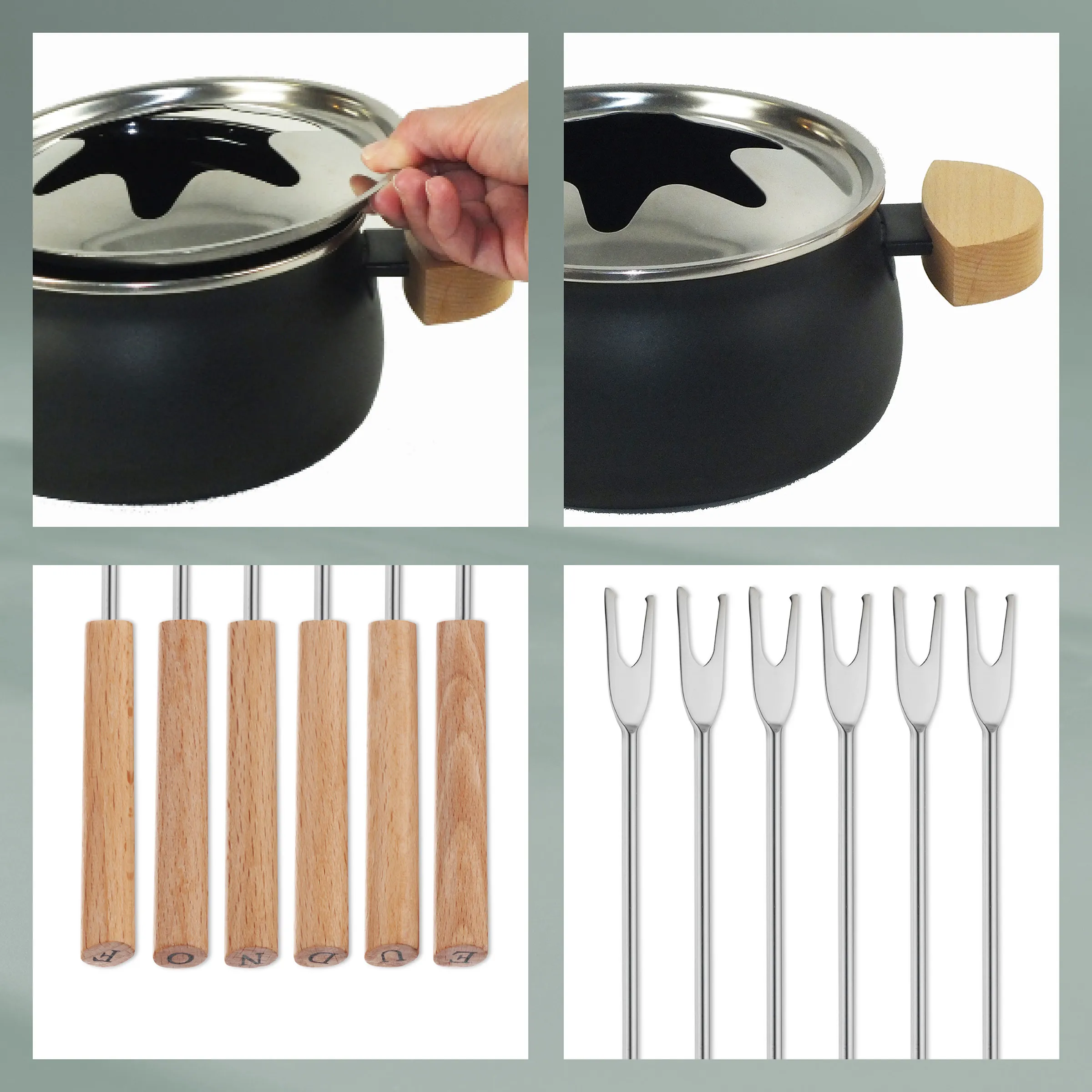 Fondue-Set mit Kochtopf, Glasdeckel und Fonduegabeln aus Holz und Edelstahl Schwarzer Kochtopf mit Glasdeckel und Holzgriff, Fonduegabeln mit Holzgriff und Edelstahl-Fonduegabeln