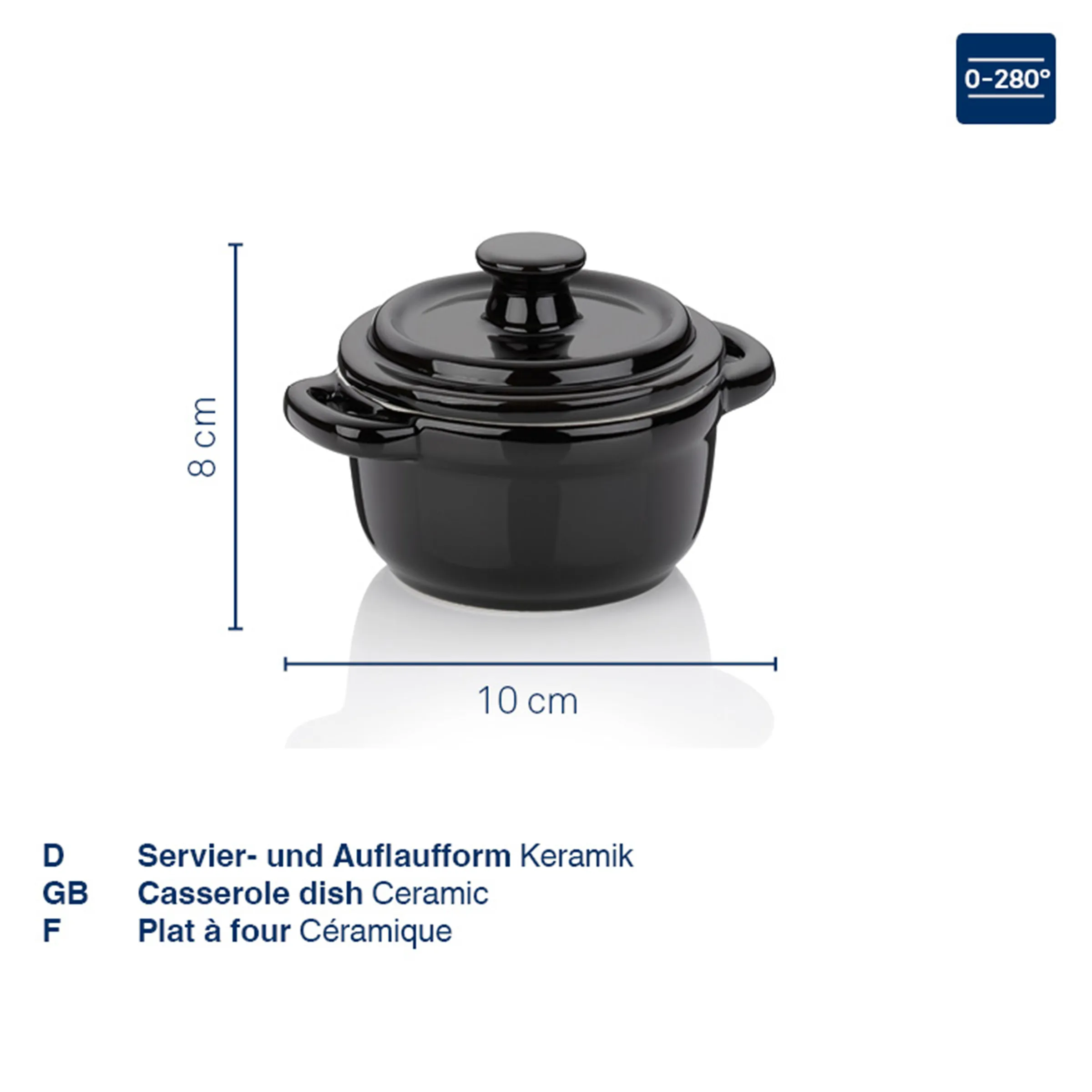 Keramik Servierschüssel mit Deckel - Hitzebeständige Auflaufform Schwarze Keramik-Servierschüssel mit Deckel, Maßstab zeigt 10 cm Breite und 8 cm Höhe, hitzebeständig bis 280 Grad