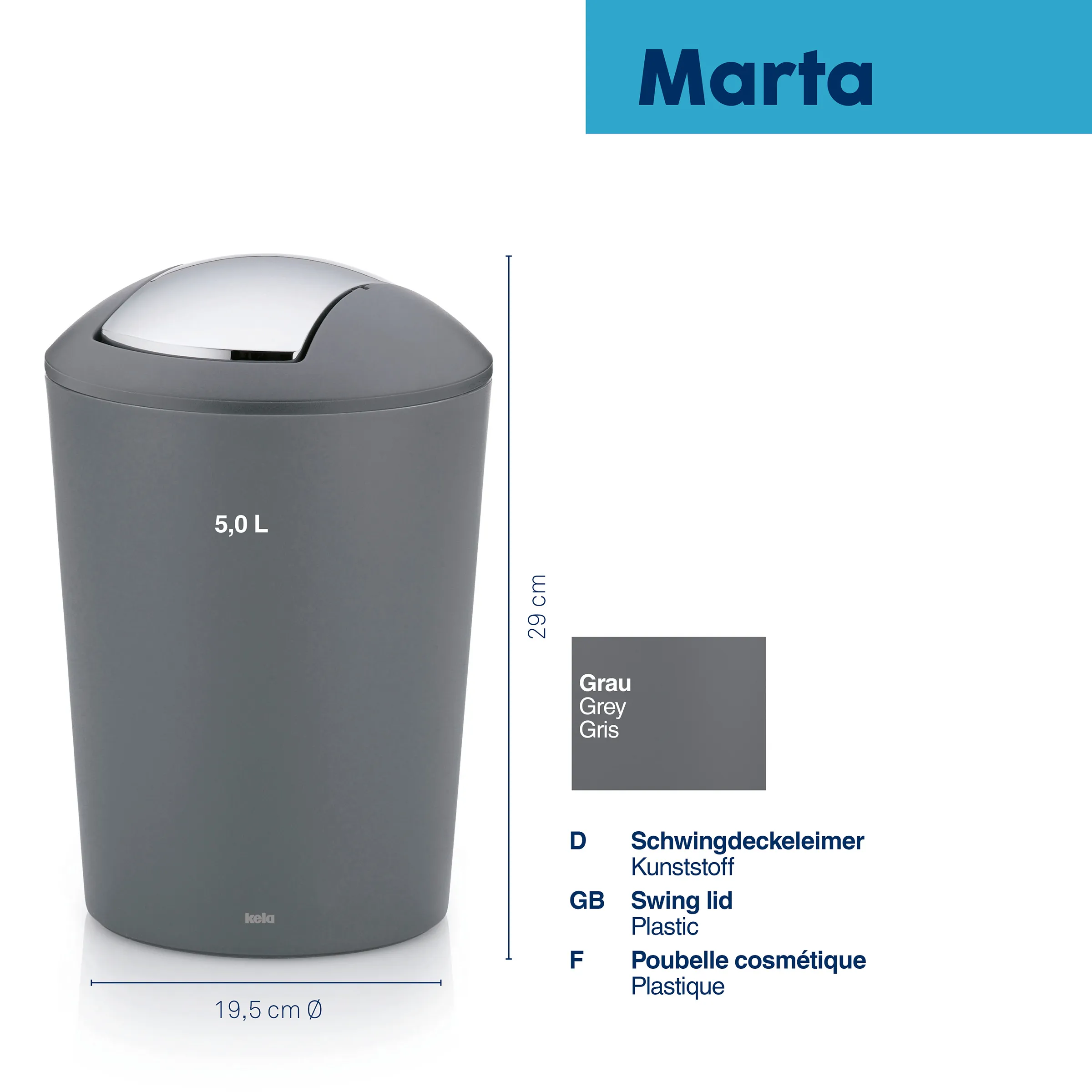 Grauer Marta Schwingdeckeleimer aus Kunststoff, 5 Liter Volumen, 29 cm hoch und 19,5 cm Durchmesser