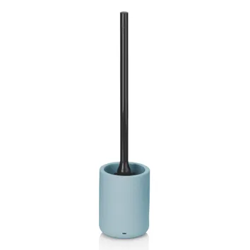 Hellblaue Toilettenbürste mit schwarzem Griff und zylindrischem Behälter, modernes Design