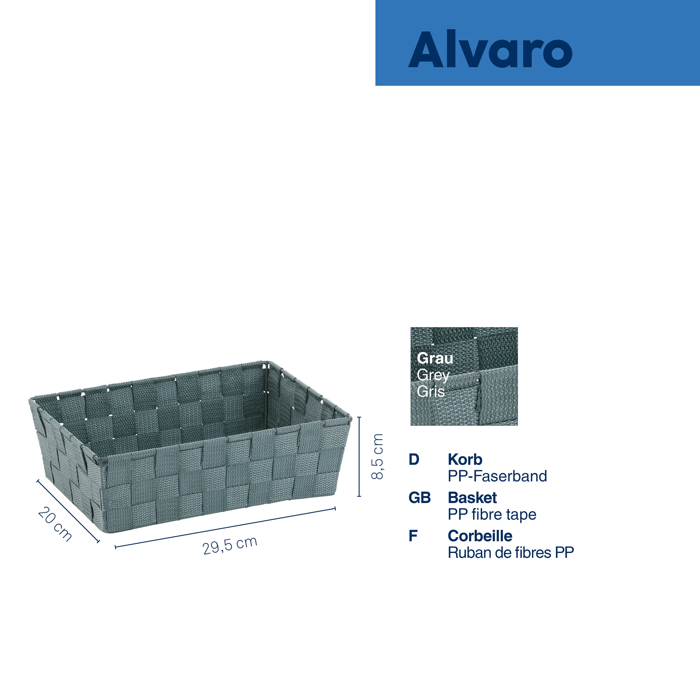 Alvaro Aufbewahrungskorb Grau PP-Faserband Alvaro Korb aus grauem PP-Faserband, rechteckig, Abmessungen 29,5 x 20 x 8,5 cm, geflochtenes Flechtmuster