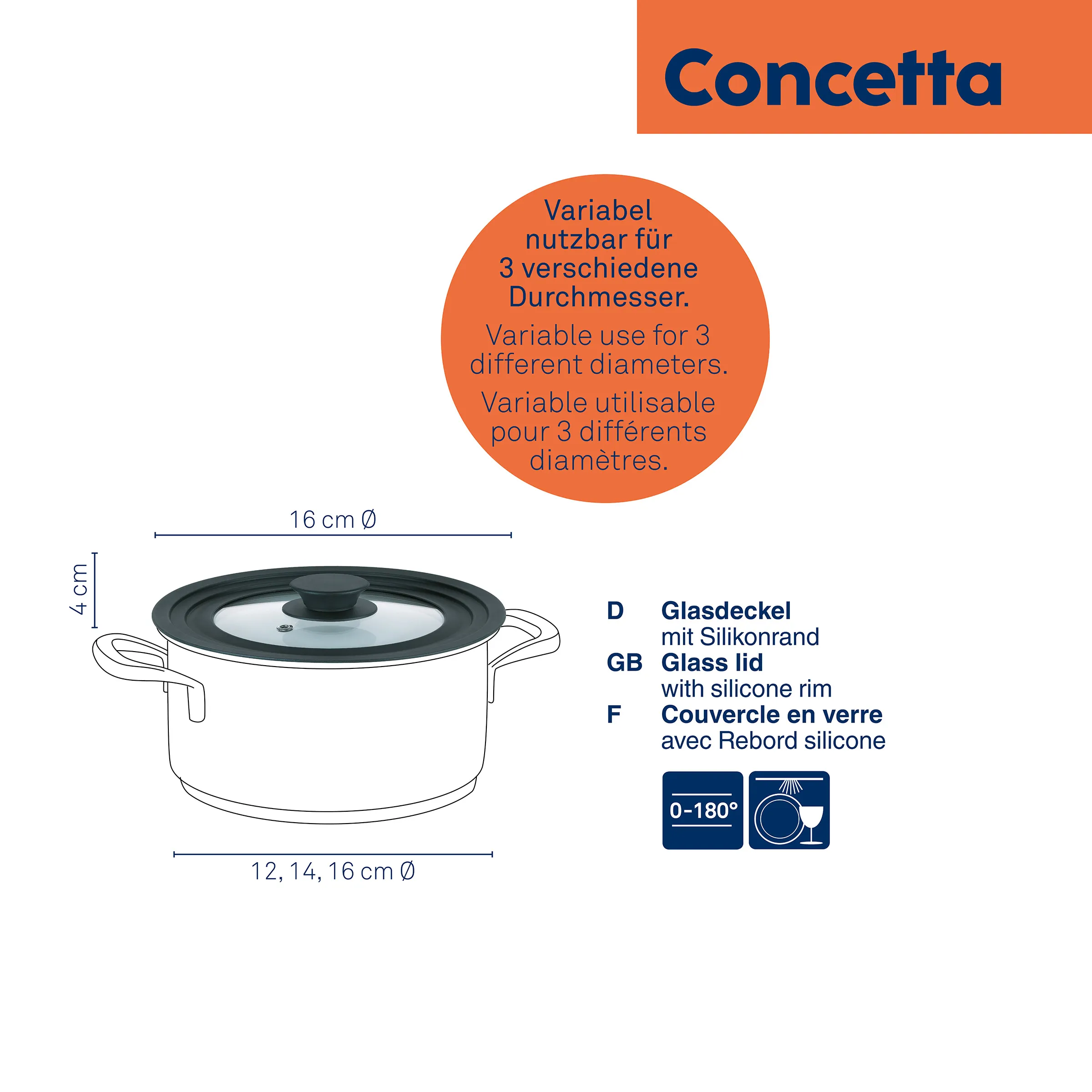 Concetta Glasdeckel mit Silikonrand für variable Töpfegröße von 12, 14 und 16 cm Durchmesser