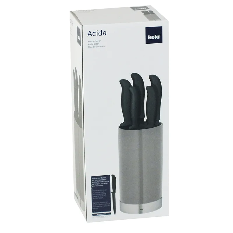 Kela Acida Messerblock Set mit 3 Messern - Edelstahl Küchenmesser Set Kela Acida Messerblock mit drei schwarzen Küchenmessern in grauem Zylinderständer aus Edelstahl in Produktverpackung