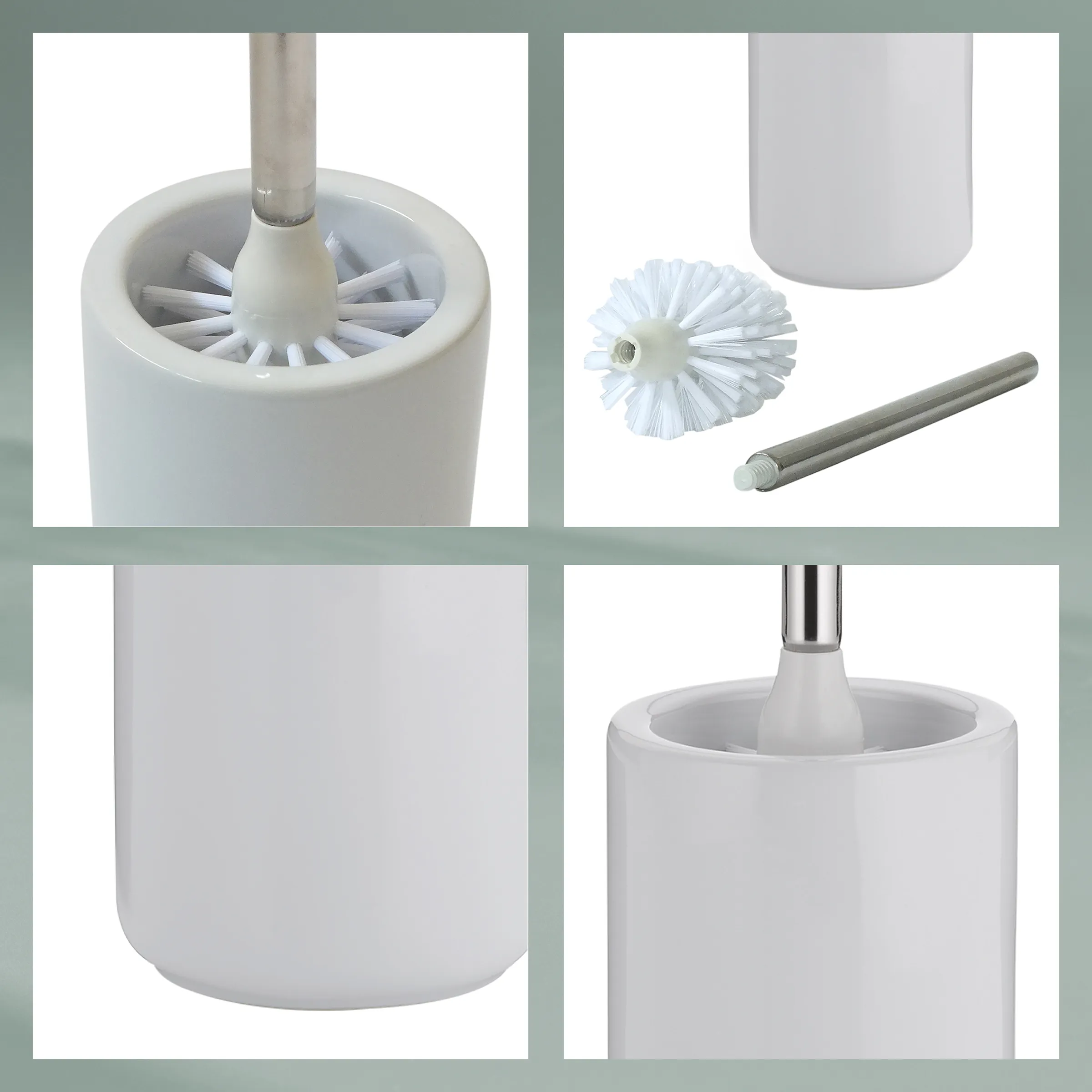 Toilettenbürste Set mit austauschbarem Bürstenkopf Weiße Toilettenbürste mit austauschbarem Bürstenkopf, Behälter und Edelstahlstab in Einzelteilen