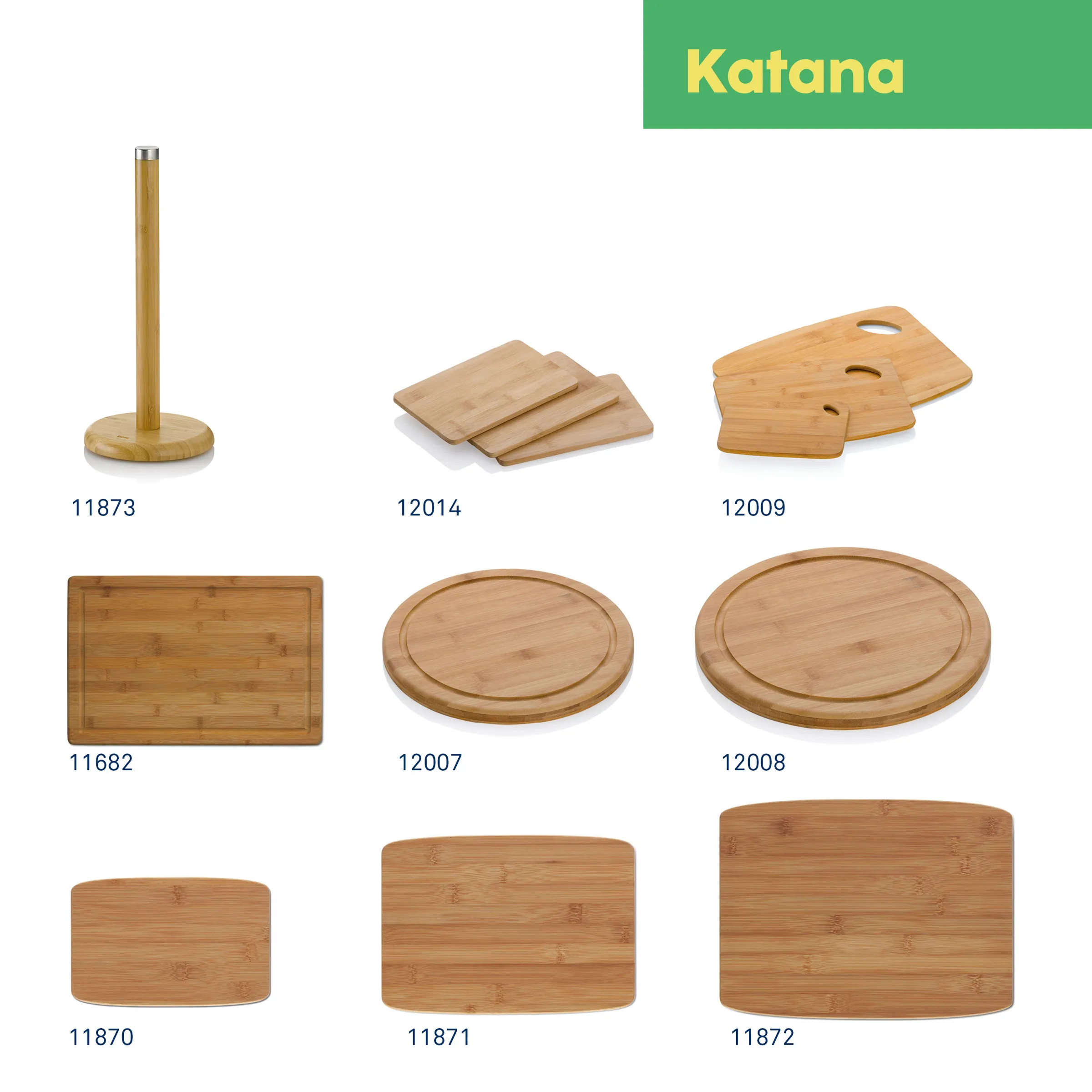 Katana Bambus Küchenutensilien Set - Schneidebretter und Servierbretter Katana Bambus Küchenutensilien-Kollektion: Küchenrollenhalter, Schneidebretter, Servierbretter aus Holz