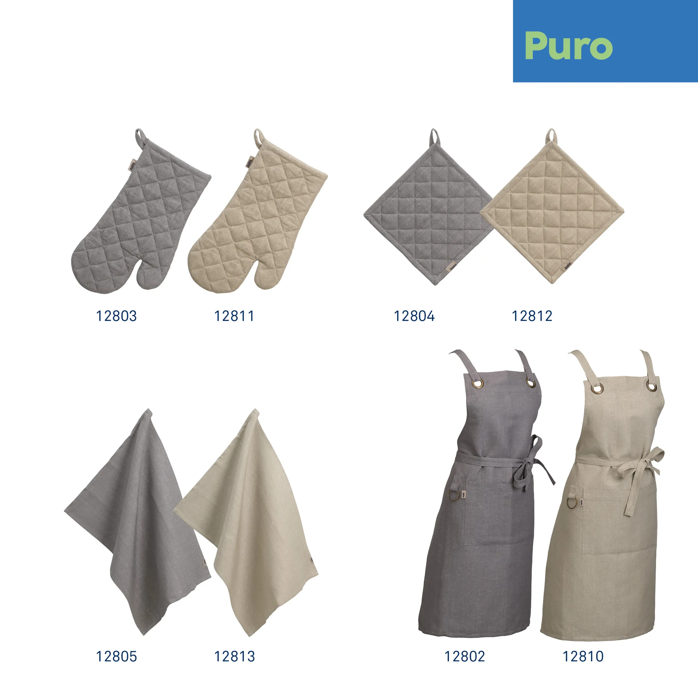 Puro Kollektion mit Ofenhandschuhen, Topflappen und Küchenschürzen in Grau und Beige