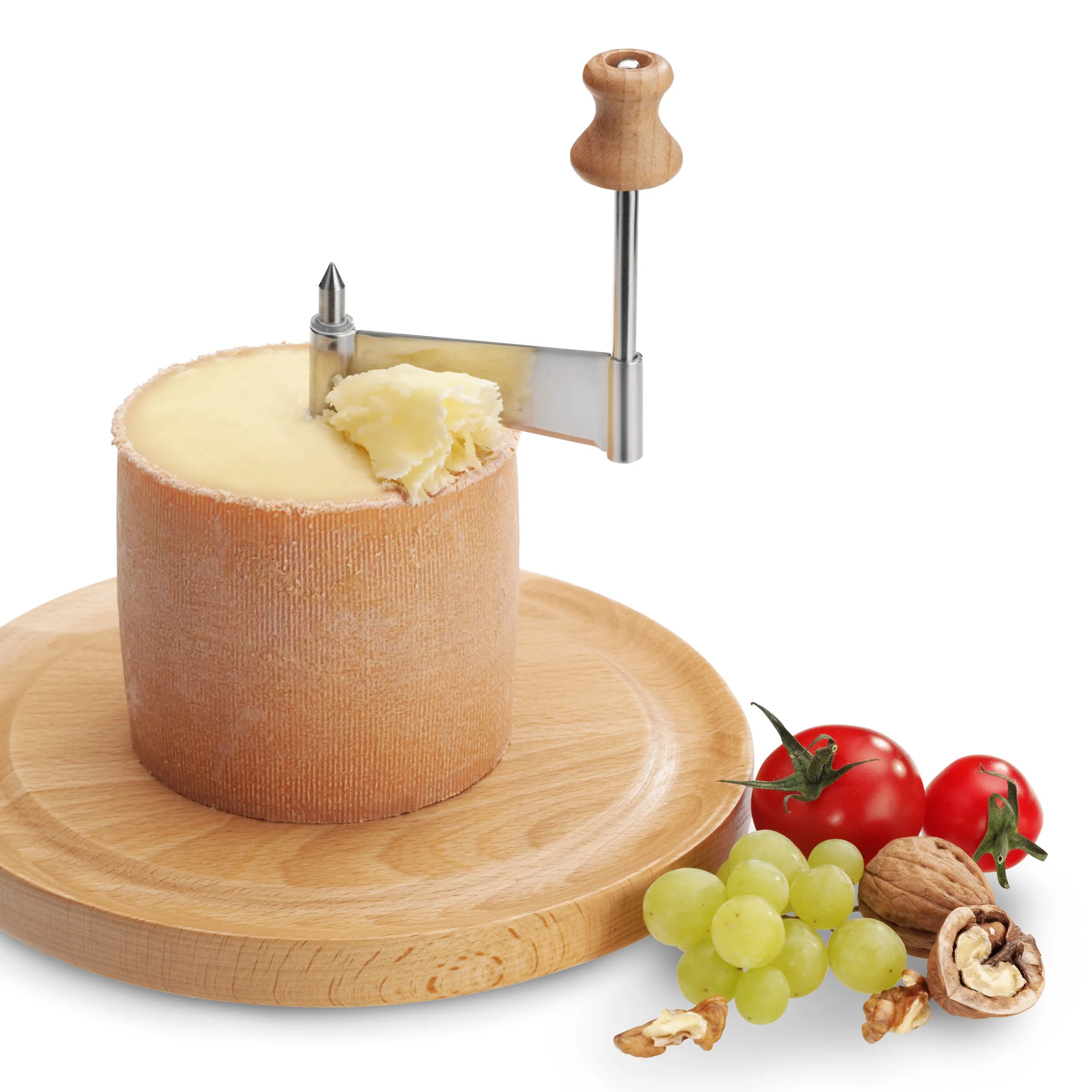 Tête de Moine Käsehobel Girolle mit Käse auf Holzbrett Tête de Moine Käse mit Girolle-Käsehobel auf Holzbrett, dekoriert mit Trauben, Tomaten und Walnüssen