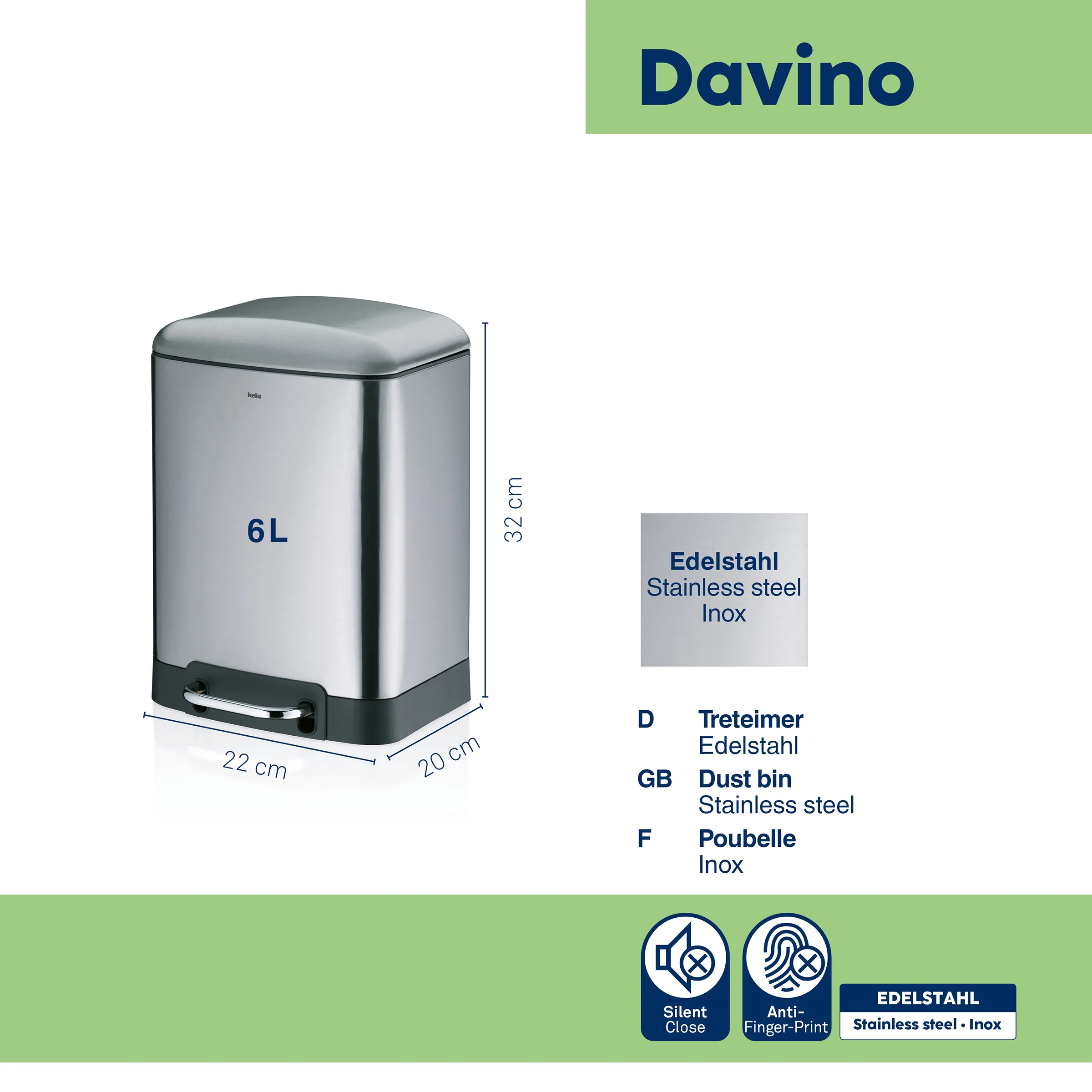 Davino Treteimer 6L Edelstahl – hochwertiger Mülleimer Davino Edelstahl-Treteimer mit 6 Liter Fassungsvermögen, 32 cm Höhe, 22 x 20 cm Grundfläche, silbern