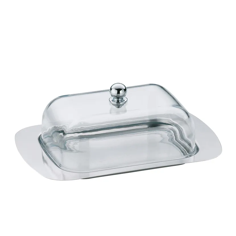 Butterdose mit Glashaube - Butter Tableware Weiße Butterdose mit Glaskuppel und Metallknopf auf weißem Hintergrund