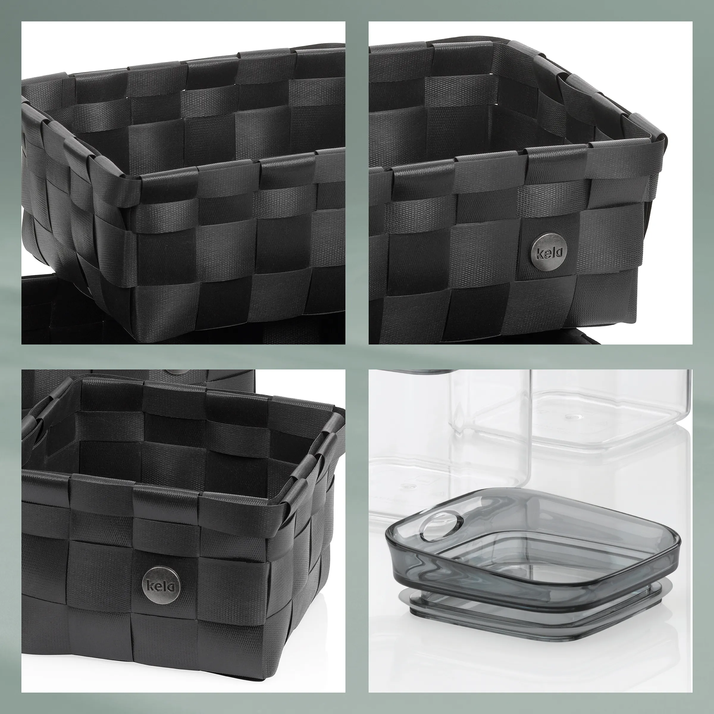Keld Aufbewahrungsbox Flechtdesign mit Kunststoffbehältern Schwarze Keld Aufbewahrungsbox mit Flechtmuster und durchsichtigen Kunststoffbehältern in verschiedenen Perspektiven